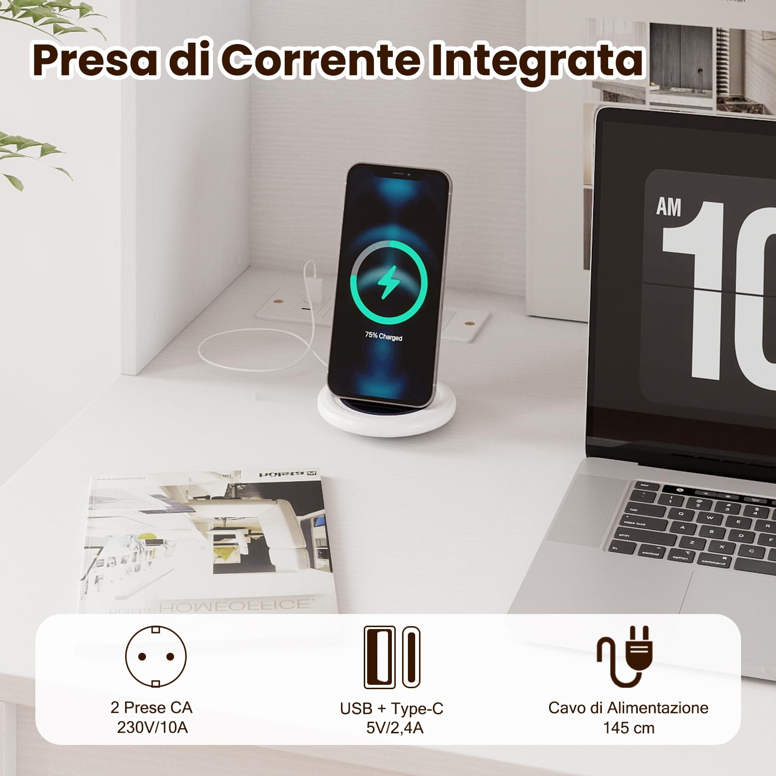 COSTWAY Scrivania per Computer con Libreria, Scrivania Salvaspazio in Legno con Stazione di Ricarica e Foro per Cavi, Scrittoio Moderno per Ufficio, Soggiorno e Studio, 108 x 60 x 125 cm (Bianco)