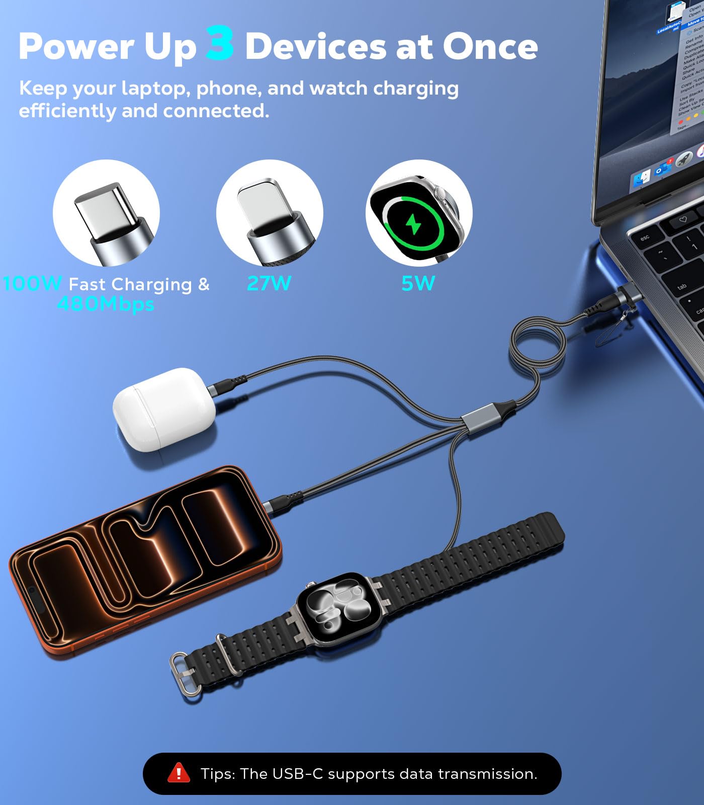 Travel Essential 3-in-1 Charging Cable, USB C Fast Charging Cable, 100W Multiple Charger Cable for iWatch, iPhone 17-15 Series/iWatch Ultra/11-1/Galaxy S25-20, iPad, Black, 4FT - 2