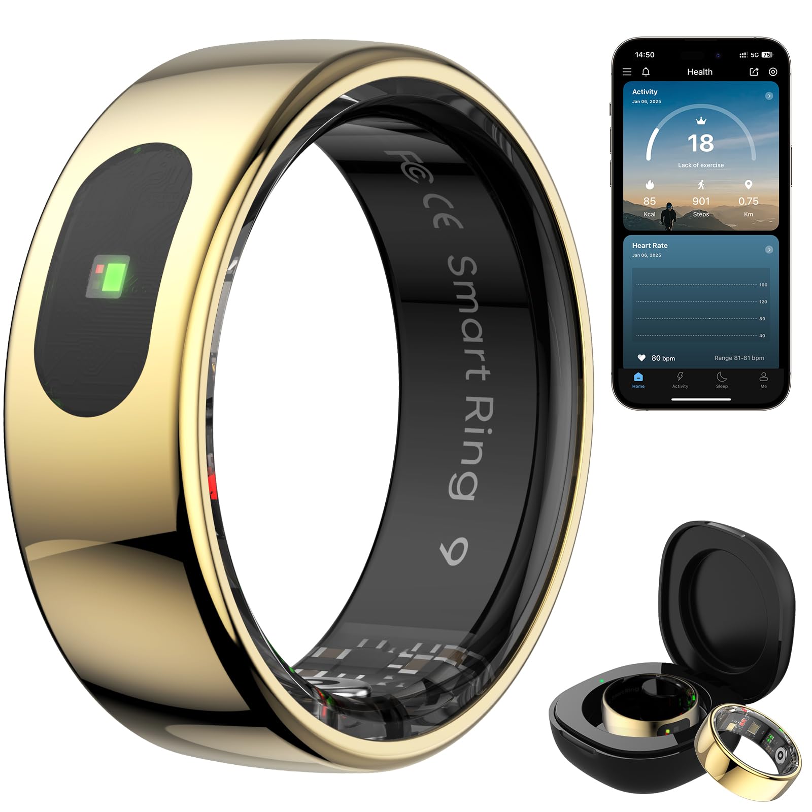 Smart Ring for Women & Men - Touch Control Health Tracker with Skin Temperature Monitoring, Sleep, Step & Exercise Tracking, Music & Video Control (Silver, 7) — view 10