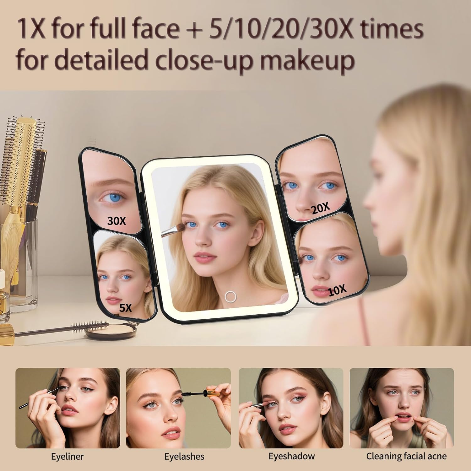 5-in-1 Led Vanity Makeup Mirror,1X Full Face & 5x/10x/20x/30x Times Magnification for Close-up Makeup, Compact Travel Magnifying Mirror with Light, Trifold Mirrors with Stand (Cool Black)