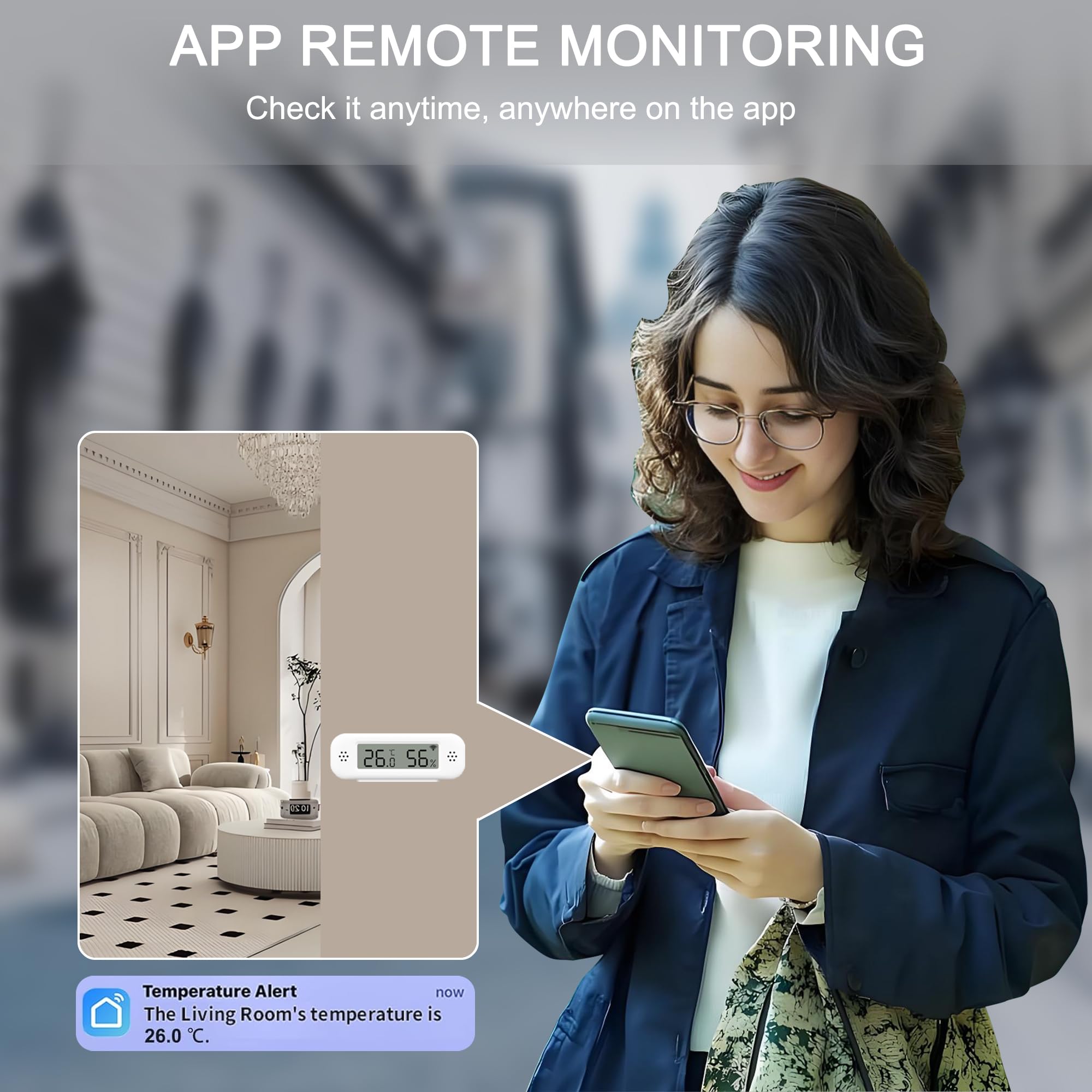 WiFi Termometr i higrometr wewnętrzny: Inteligentny czujnik temperatury, cyfrowy monitor temperatury i wilgotności z inteligentną aplikacją i rejestracją danych, kompatybilny z Alexa, do sypialni