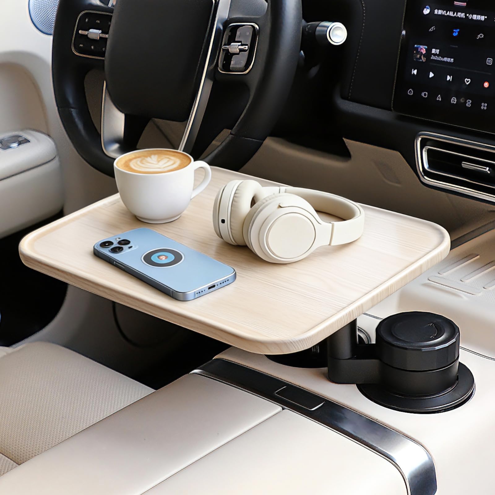 Photo 1 of 360° Rotating Wood Car Tray & Desk for Laptop - Steering Wheel Cup Holder Table, Car Accessories for Women & Men, Compatible with Tesla Model Y/3/S, Ford F150/Explorer/Maverick & Most Vehicles