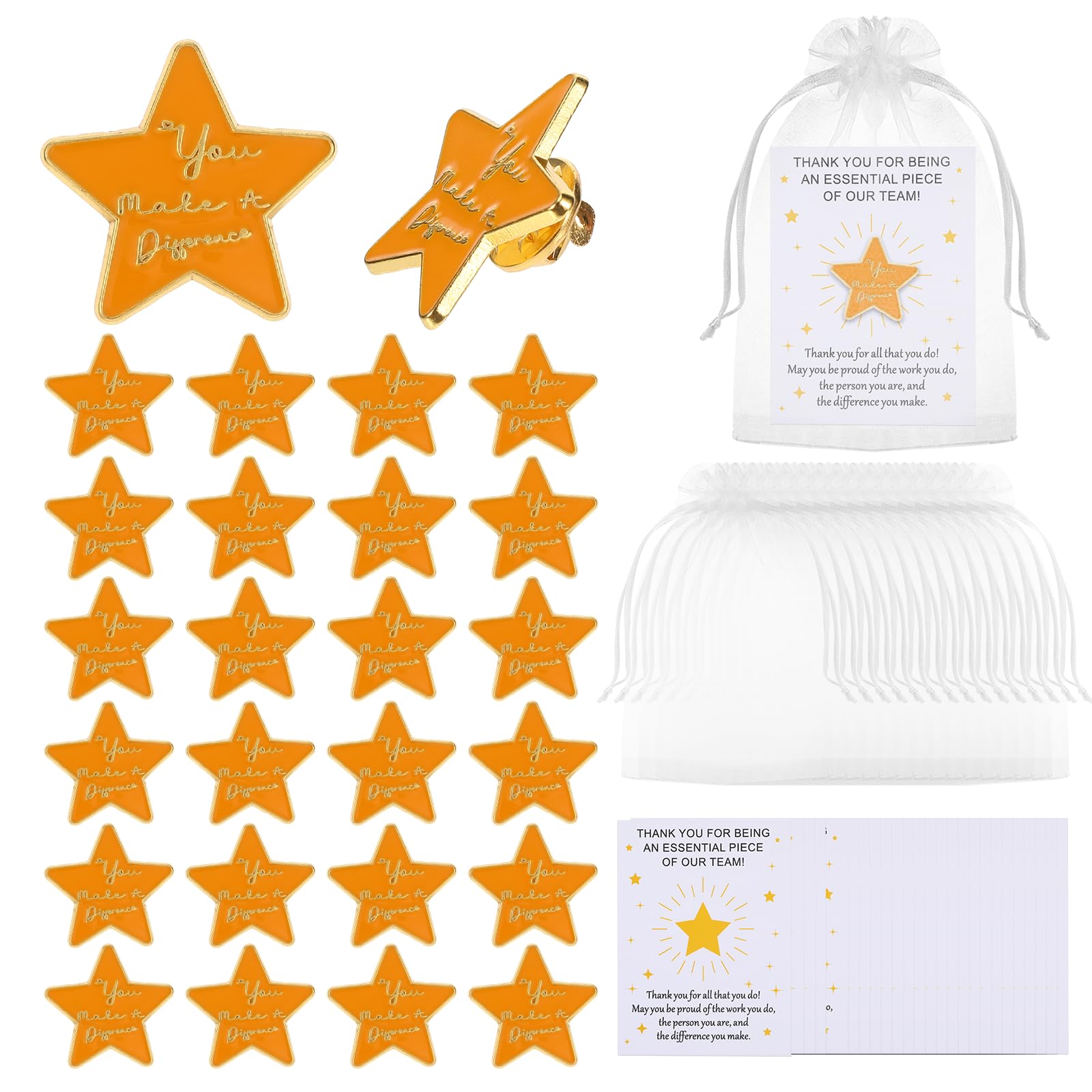 25 Sets Employee Appreciation GiftsEach Containing A Personalized Lapel Pin, Card, and Organza Pouch, suitable as Thank-You Gifts for Employees, Volunteers, Teachers, and NursesStar shape