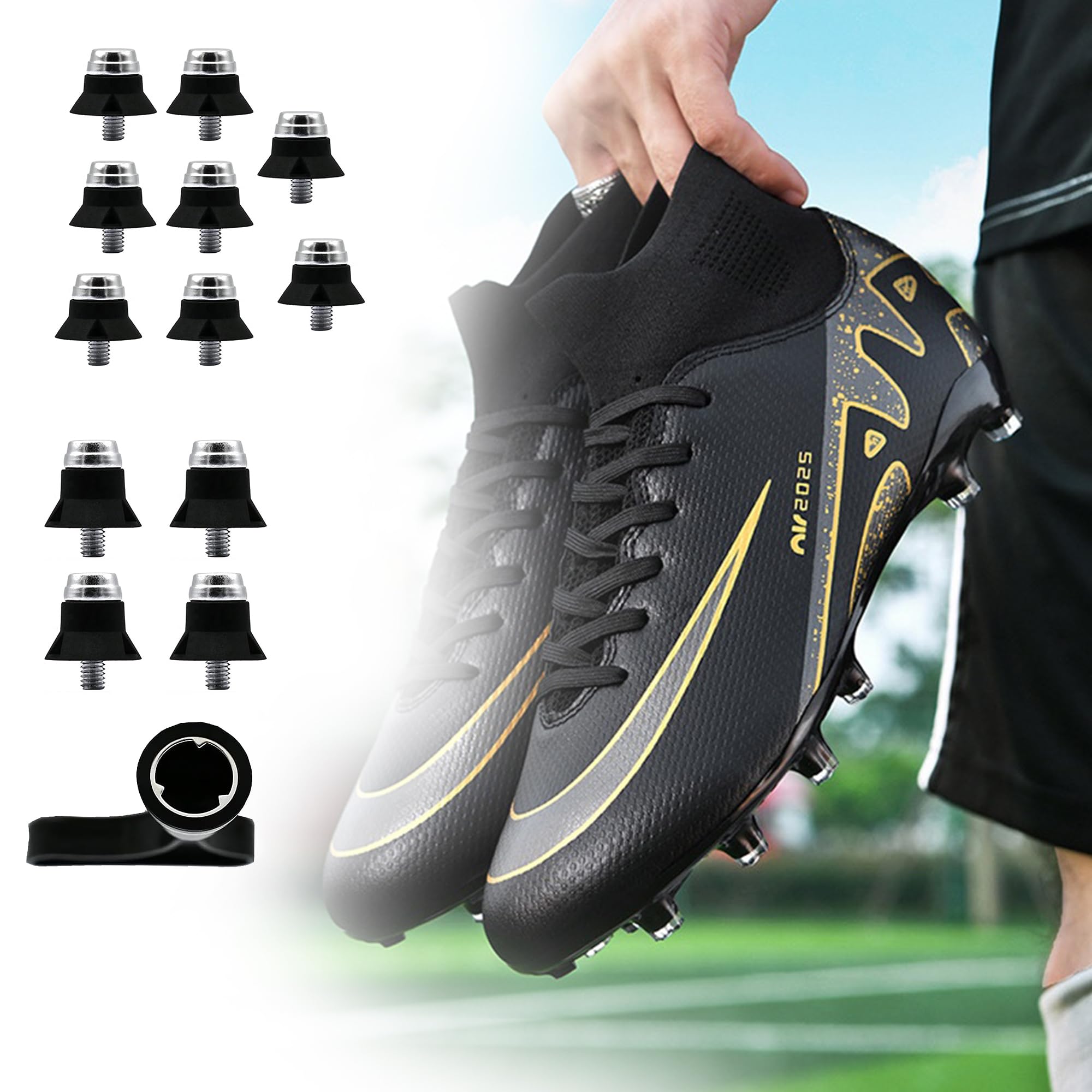 24 Stück Fußball Ersatzstollen, Schraubkappen für Fußballschuhe, Ersatzstollen Kunststoff, Ersatzstollen Fussball mit Schraubkappenschlüssel für FußBallschuhe (Schwarz + Silber)