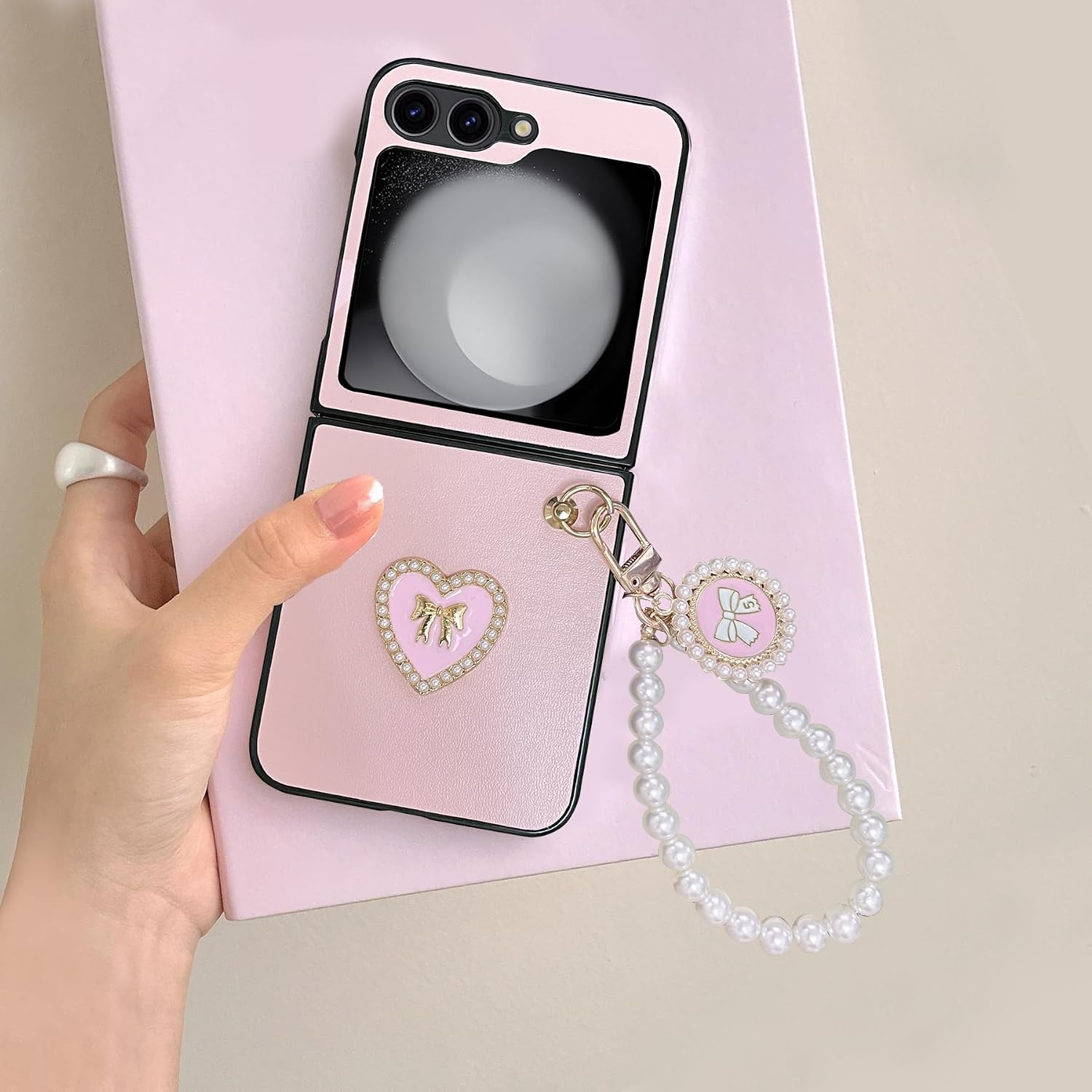 Cute Case for Galaxy Z Flip 6 with Strap, Heart Shape Design Z Flip 6 Phone Case for Women, Slim Lightweight Full Protection PU Leather Case for Samsung Galaxy Z Flip 6 (Pink)