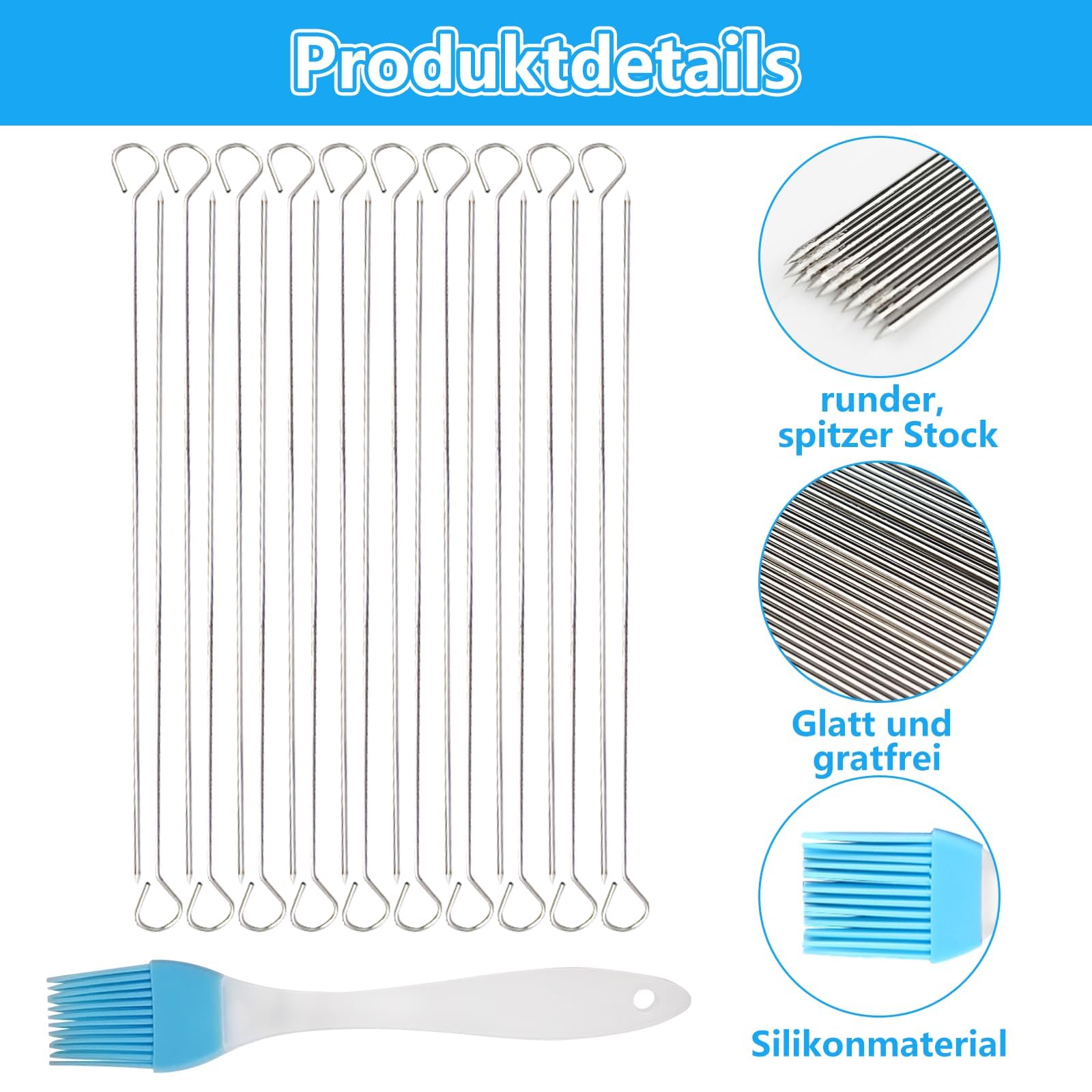 Pic a Brochette en Métal 30 cm avec Pinceau à Huile Silicone Bleu - Kit de Grillade pour Pique-nique et Camping