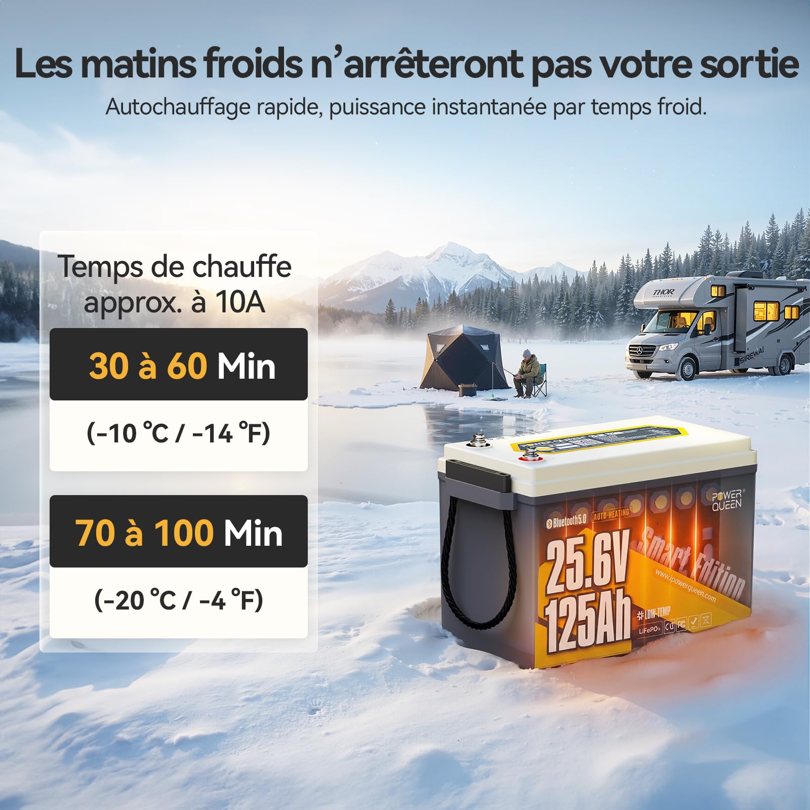 Power Queen 25.6V 125Ah Batterie Lithium Bluetooth Auto-Chauffage, BMS 125A 3200Wh Énergie Batterie LiFePO4, IP67 Étanche 15000+ Cycles Profonds, pour Camping-Car, Caravane, Moteur Électrique Bateau
