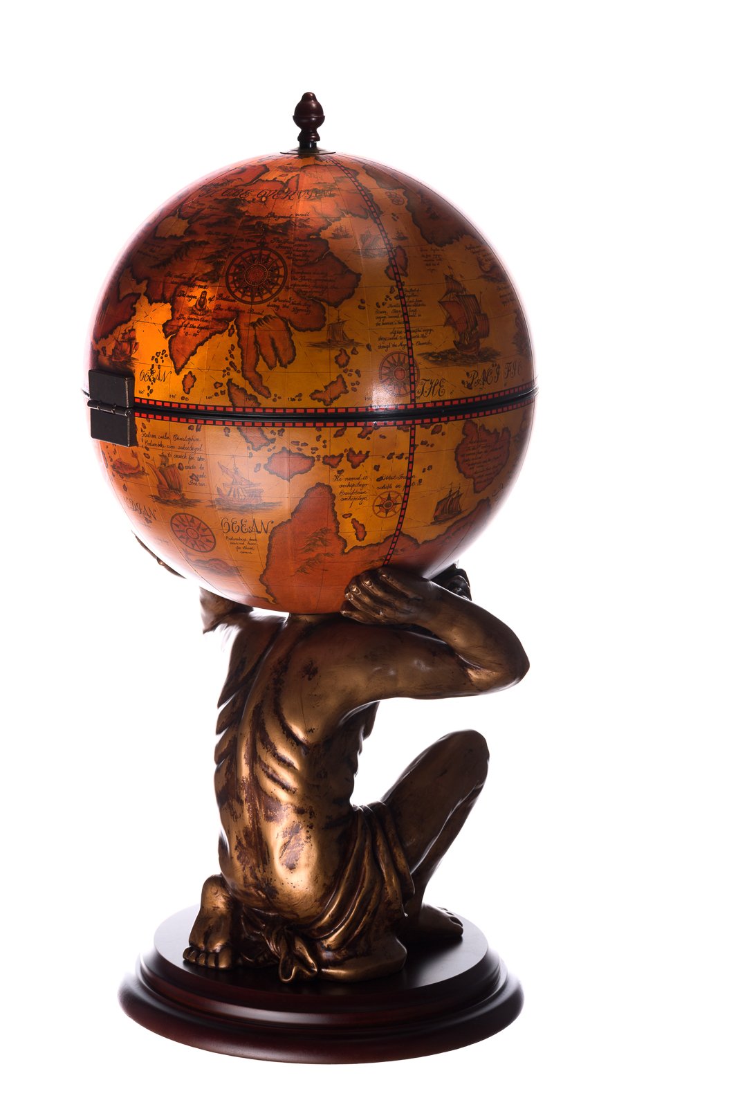 Chariot géant JG 42016R-GR, Figurine Exclusive Atlas, avec parquet en Eucalyptus Massif, Fond Brun Vieilli, Ouvert, Globe de 100 cm de Hauteur, Bar, Bar Maison, Cocktail Bar Globe