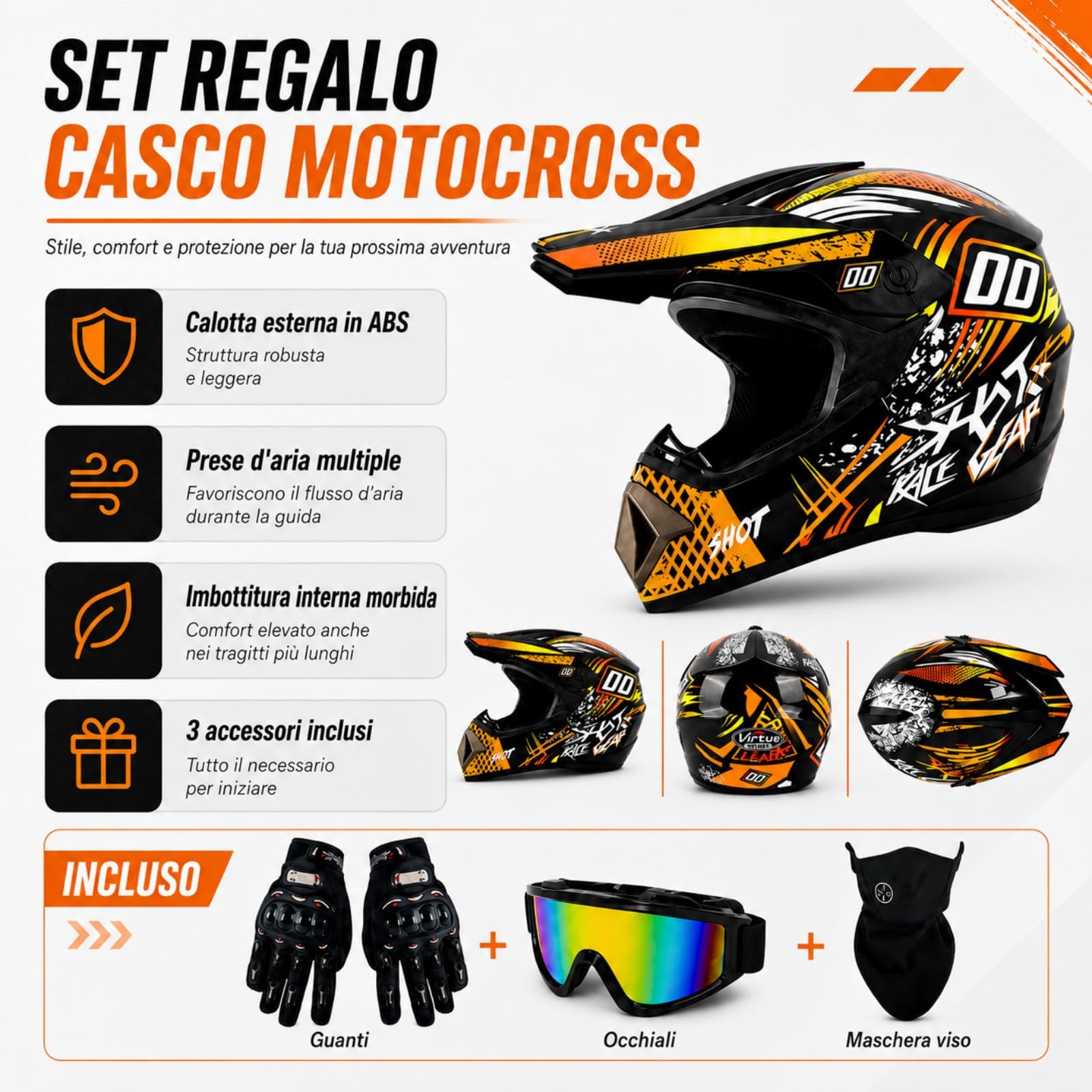 Set Casco Cross Integrale nero e arancione con Occhiali e Guanti
