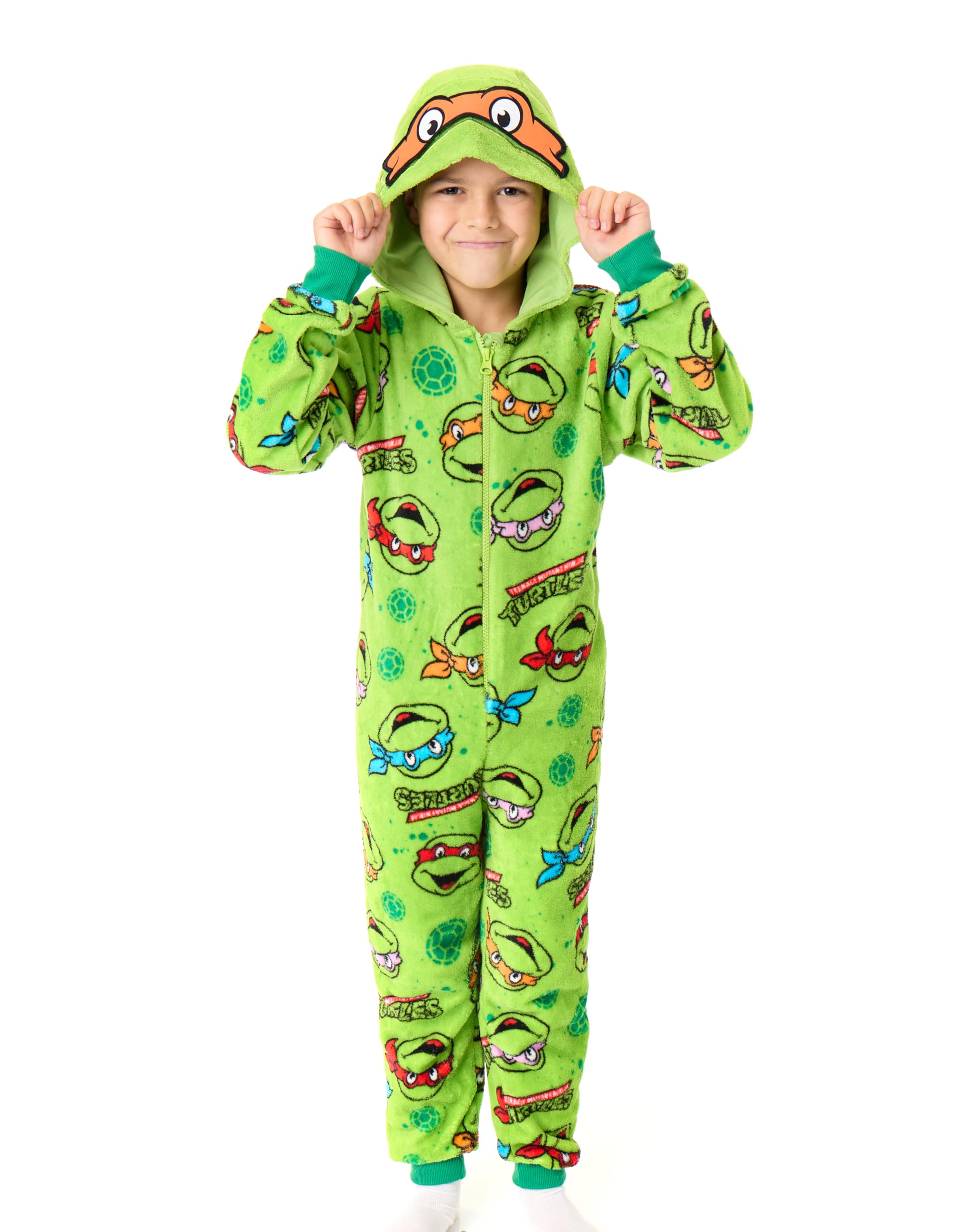 TEENAGE MUTANT NINJA Turtles Boys Onesie | Kids Character Graphic Print Hooded Sleepsuit with Interchangeable Masks | Childrens TMNT Pajama Nightwear | Animated Warrior Movie Merchandise Gift