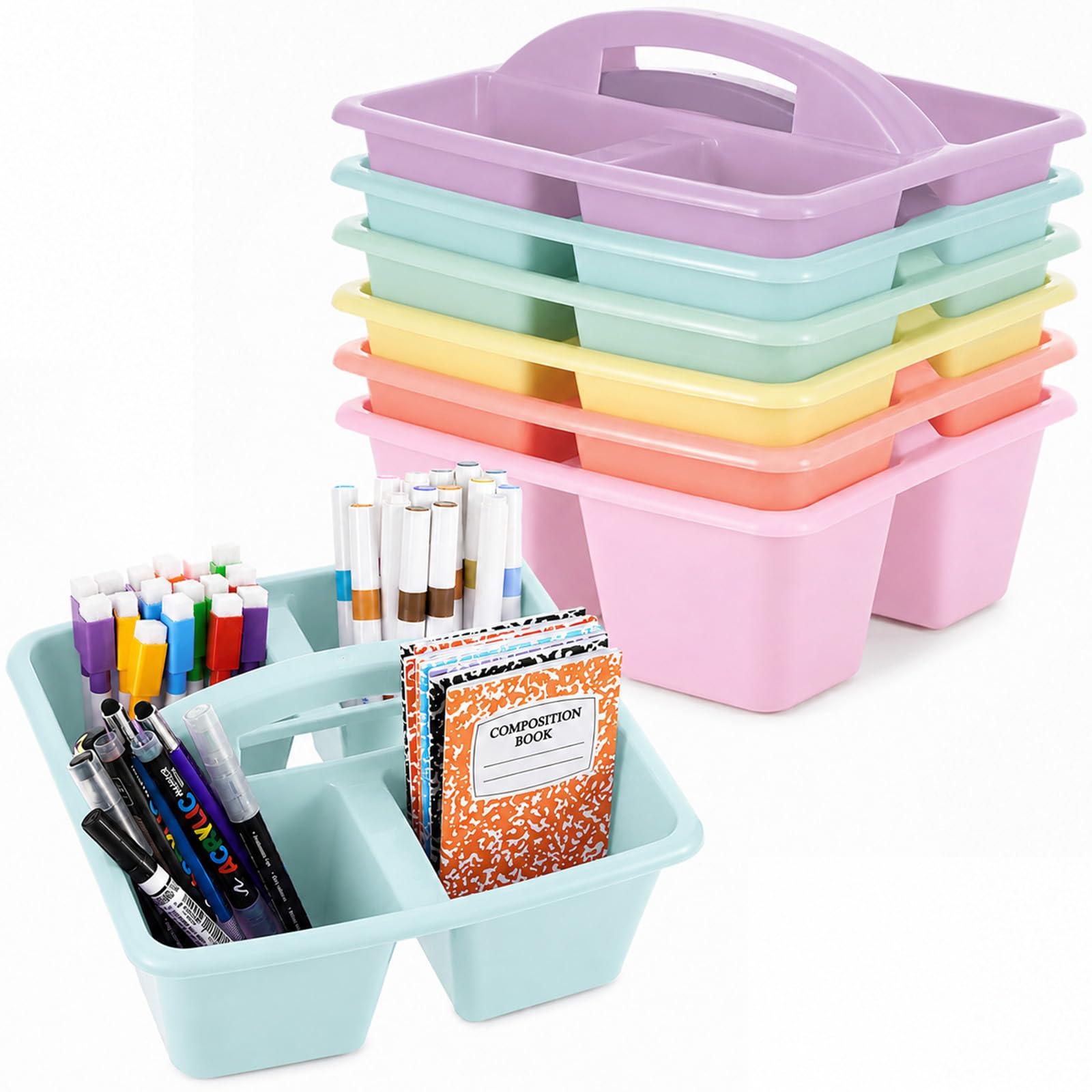 gisgfim 6 Pack Plastic Classroom Caddy with 4-Compartments Plastic Storage Caddies with Handle 4 Compartments Table Caddy Organizer Versatile Table Caddies for Classroom Office, Pastel Color
