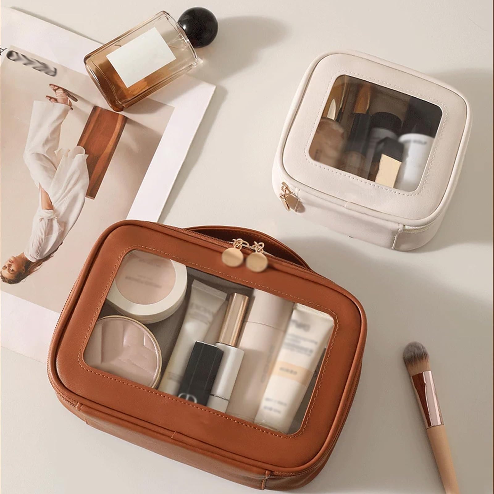 Organizer per Cosmetici da Palestra, Doccia e Bagno, Beauty Case da Viaggio Donna, Facile Pulire, Trasparente e Visibile per un Facile Accesso, Leggera, Lussuosa Portatile(Brown)