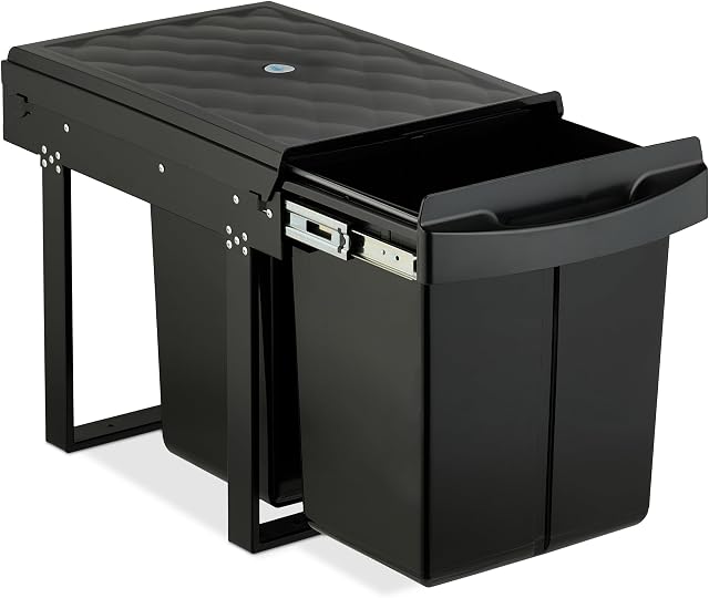 Relaxdays Einbaumülleimer, 2 Fächer, 2x 20 l, HxBxT: 41,3 x 34 x 51,8 cm, ausziehbar, Müllsystem Unterschrank, schwarz