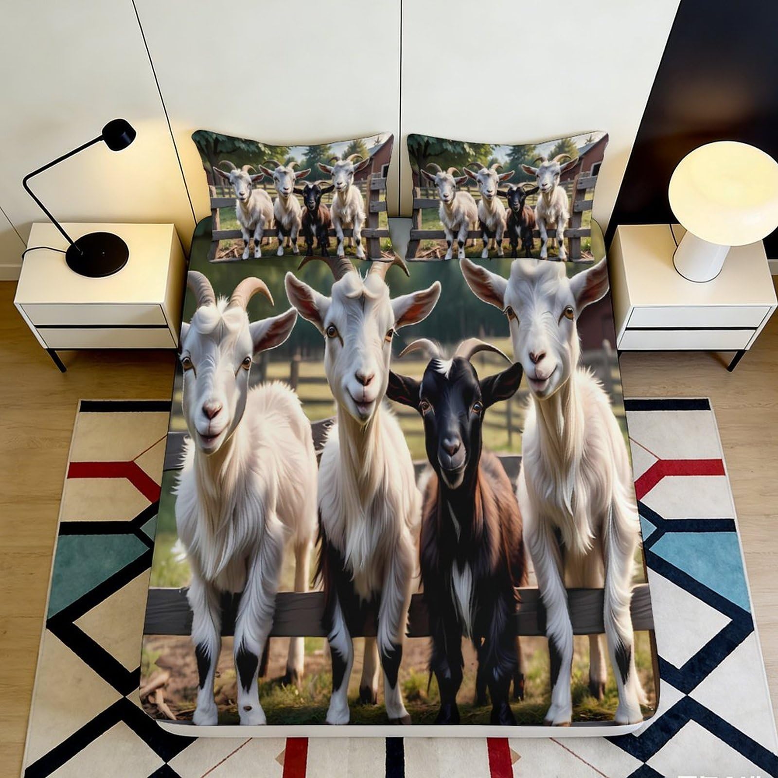 3D Printed Cute Goat Farm Fitted Sheet Microfiber Soft Breathable Pastoral Animal Mattress Cover Bedroom Decor 90x200x25cm