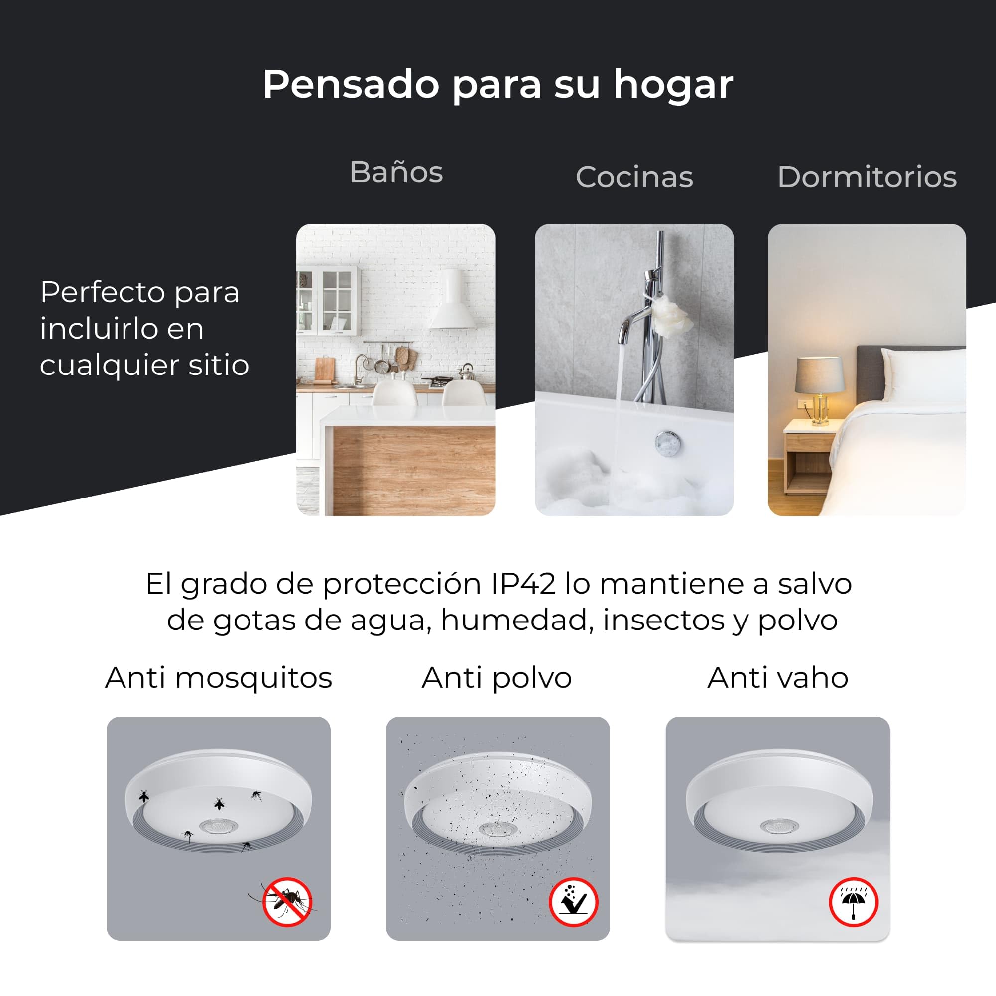 KSIX Glory Plafón Led Inteligente Techo con Altavoz, Color regulable RGB, 6200 lm, Ø47cm, Luz Controlable con Mando a Distancia y App, para Cocina Dormitorio o Infantil, Resiste polvo y salpicaduras