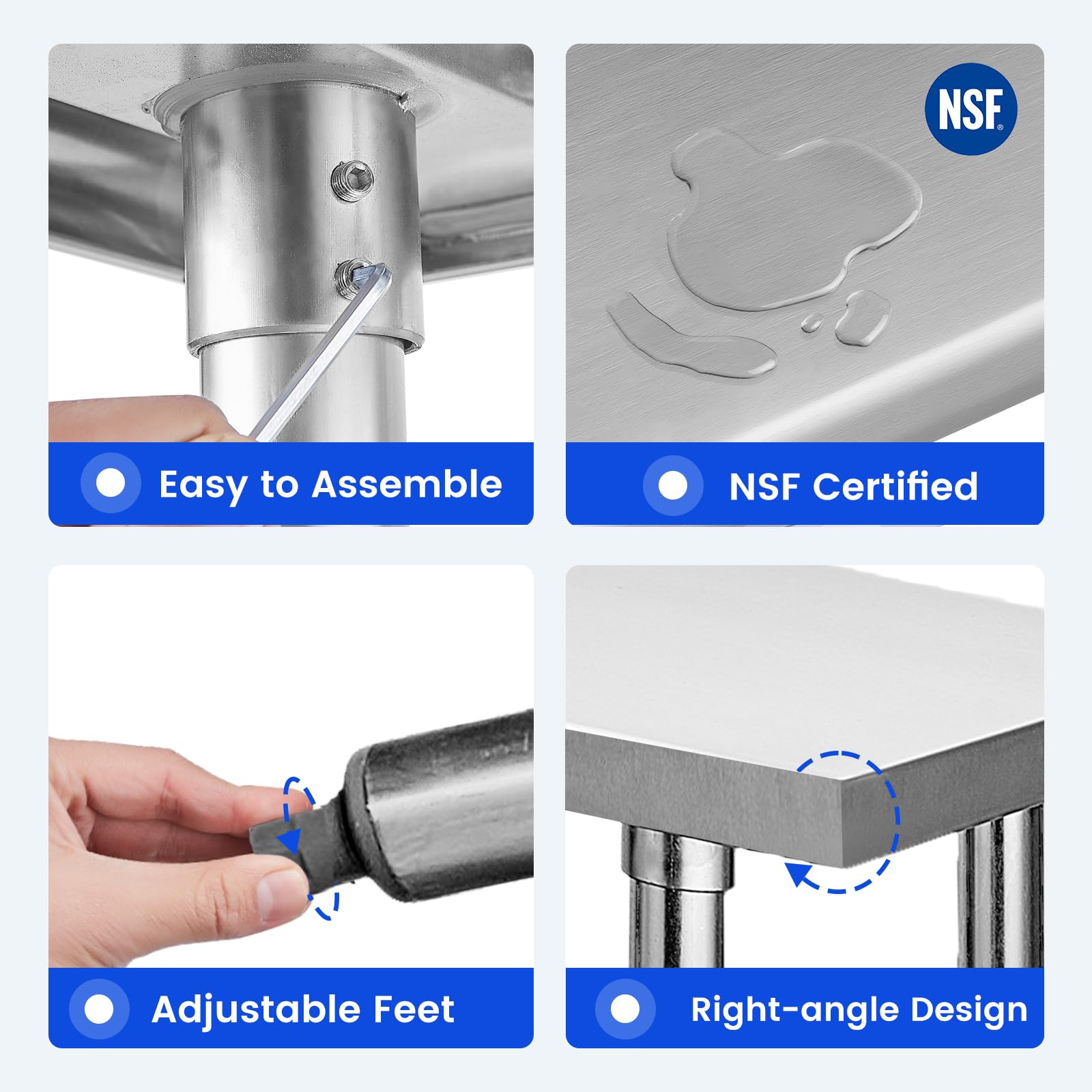 Hally - Mesa de acero inoxidable para preparación y trabajo, 24 x 24 pulgadas, mesa comercial NSF resistente con estante inferior y protector contra salpicaduras para restaurante, hogar y hotel