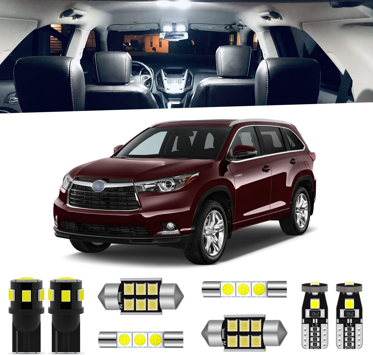 14pcs Highlander LED Interior Light Kit for Toyota Highlander 2014 2015 2016 2017 2018 2019 2020 White 6000K Interior LED Lighting Package + License Plate Lights, Install Tool