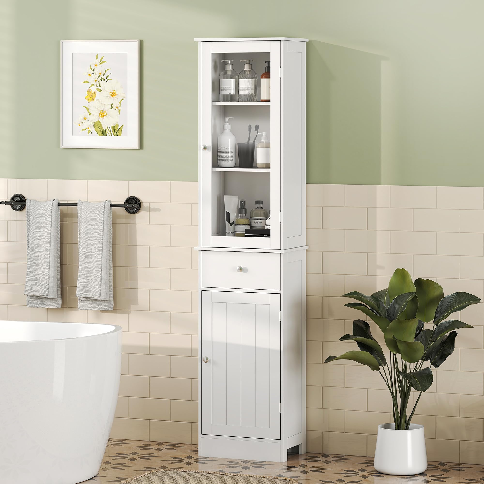 kleankin Armario de Baño Alto Delgado con Cajón 40x27x171,5 cm Blanco | Armario de Almacenaje Delgado, Estantes Ajustables, para Espacios Pequeños, Moderno