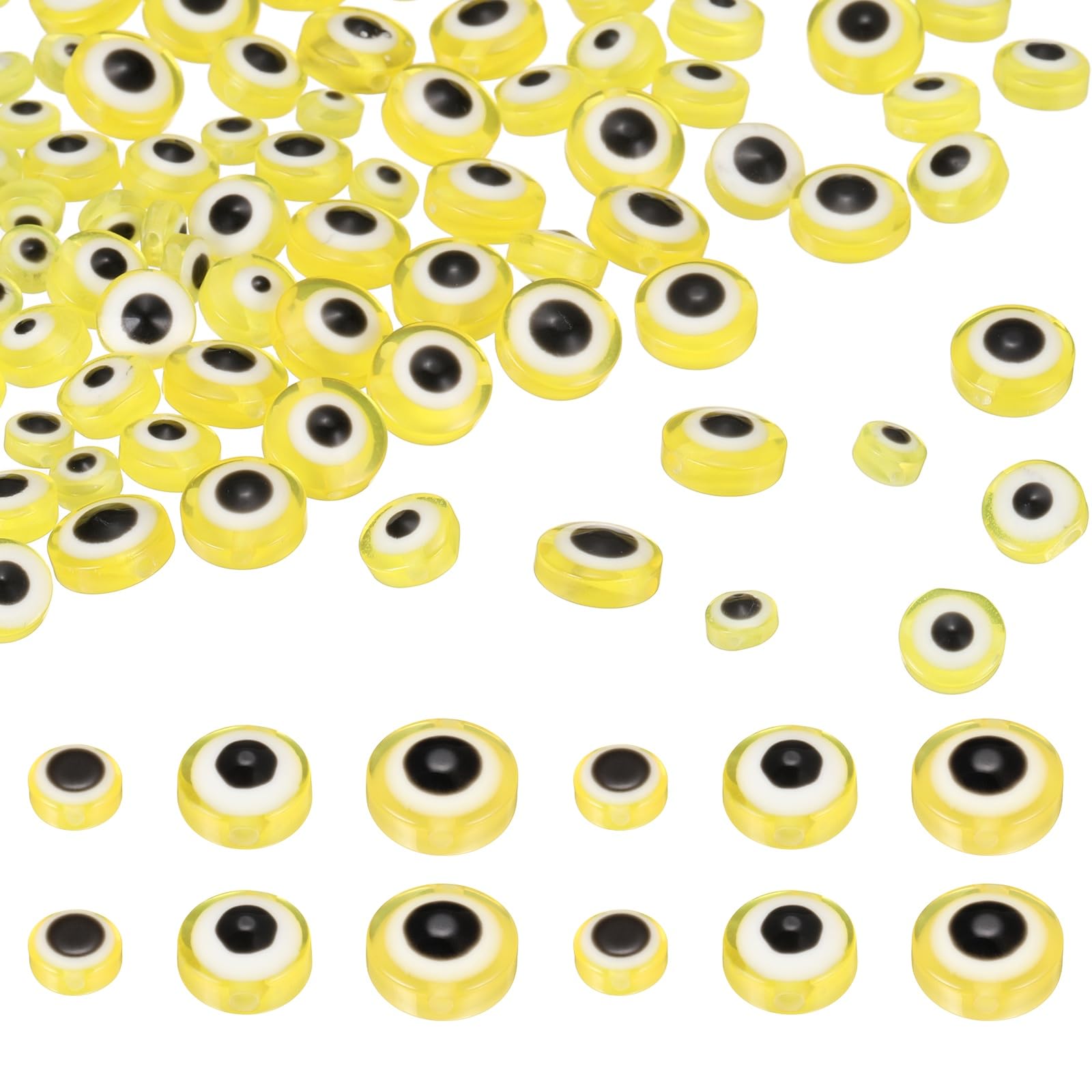 sourcing map Evil Eye Beads, 150 Pcs 6mm/8mm/17mm Resin Flat Round Evil Eye Charm for Jewelry Making DIY Bracelet Earring Necklace Craft, Yellow