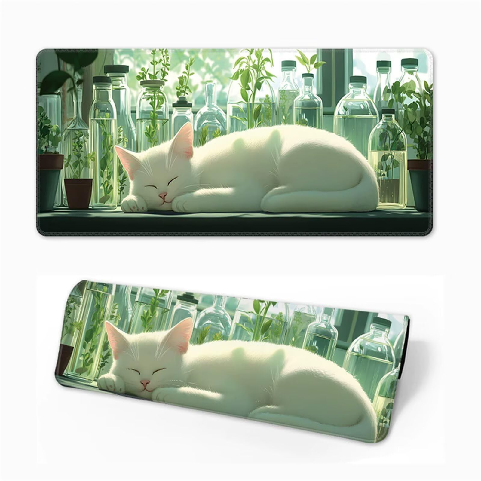 Alfombrilla Ratón XXL 700x400x3mm,Alfombrilla de Escritorio Superficie Lisa Mejora Precisión y Velocidad,Protector de Mesa para Trabajo y Videojuegos (Gato Planta Botella)