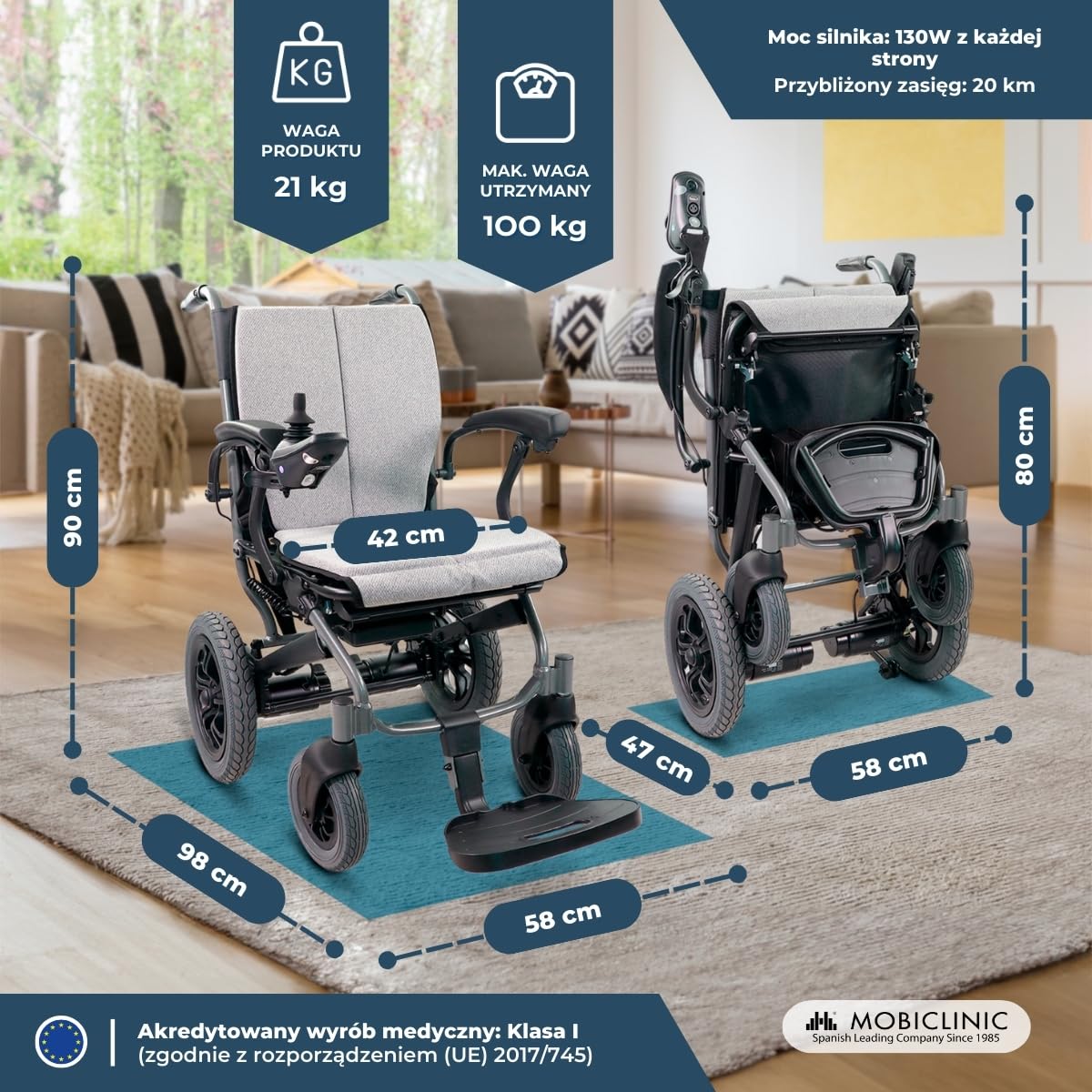 Mobiclinic®, Składany elektryczny Wózek Inwalidzki, Hamulec Elektromagnetyczny, Autonomia 20 km, Światł z ładowaniem usb, Do 6 km/h, Podwójny tryb jazdy, Verona