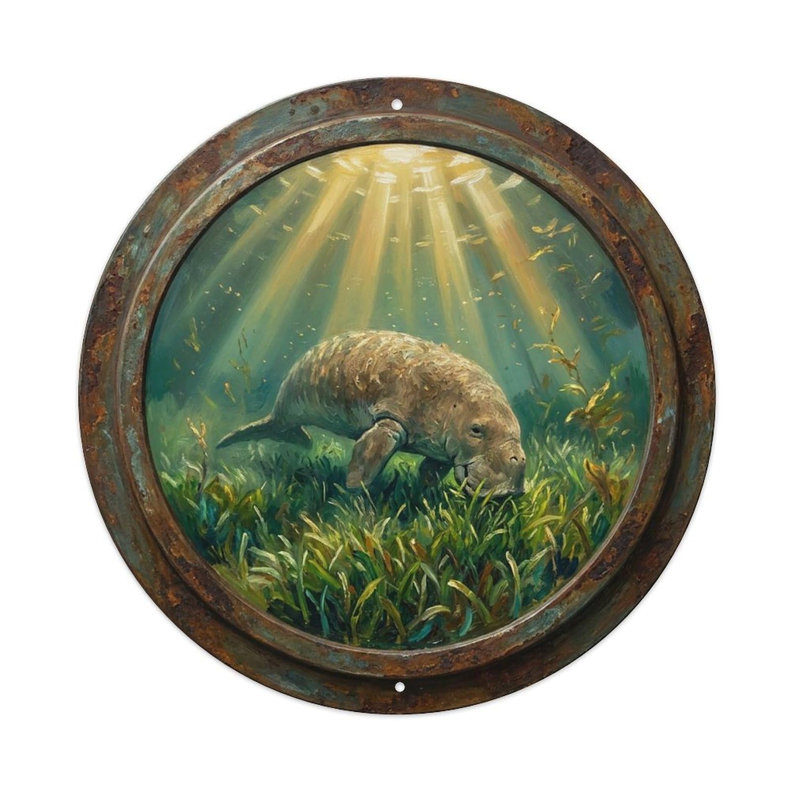 Vintage Porthole Dugong Grazing Ship Window Under Deep Metal Tin Sign