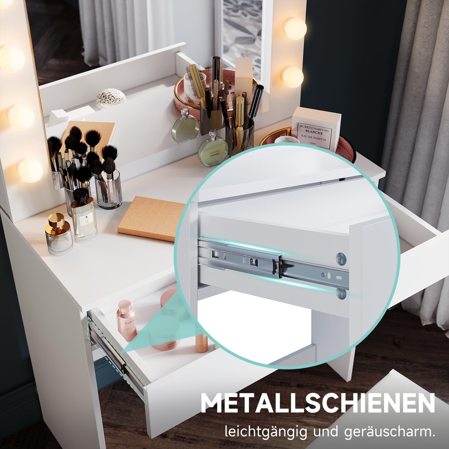 SONNI Schminktisch mit Hocker, Spiegel, Schubladen, Weiß, 80x40x140cm