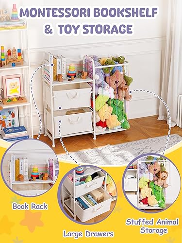 Miniatura 4 de VBABY Organizador de almacenamiento de juguetes 2 en 1, estantería blanca para niños y almacenamiento de juguetes, zoológico de animales de peluche