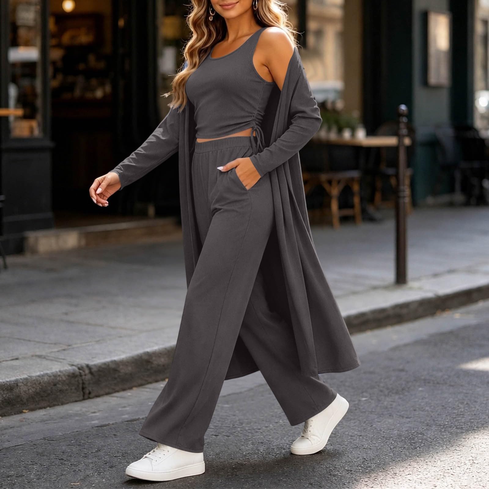 Conjunto de ropa de descanso de 3 piezas para mujer, de punto acanalado, ajuste delgado, cuello redondo, chaleco corto, pantalones de pierna ancha, cárdigan de manga larga, cárdigan suave y acogedor