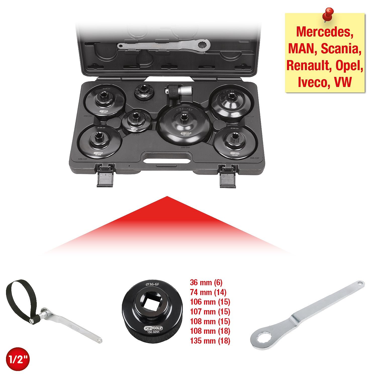 KS Tools 150.9290 1/2" Serie di chiavi p.filtro dell'olio,a tazza,9 pz