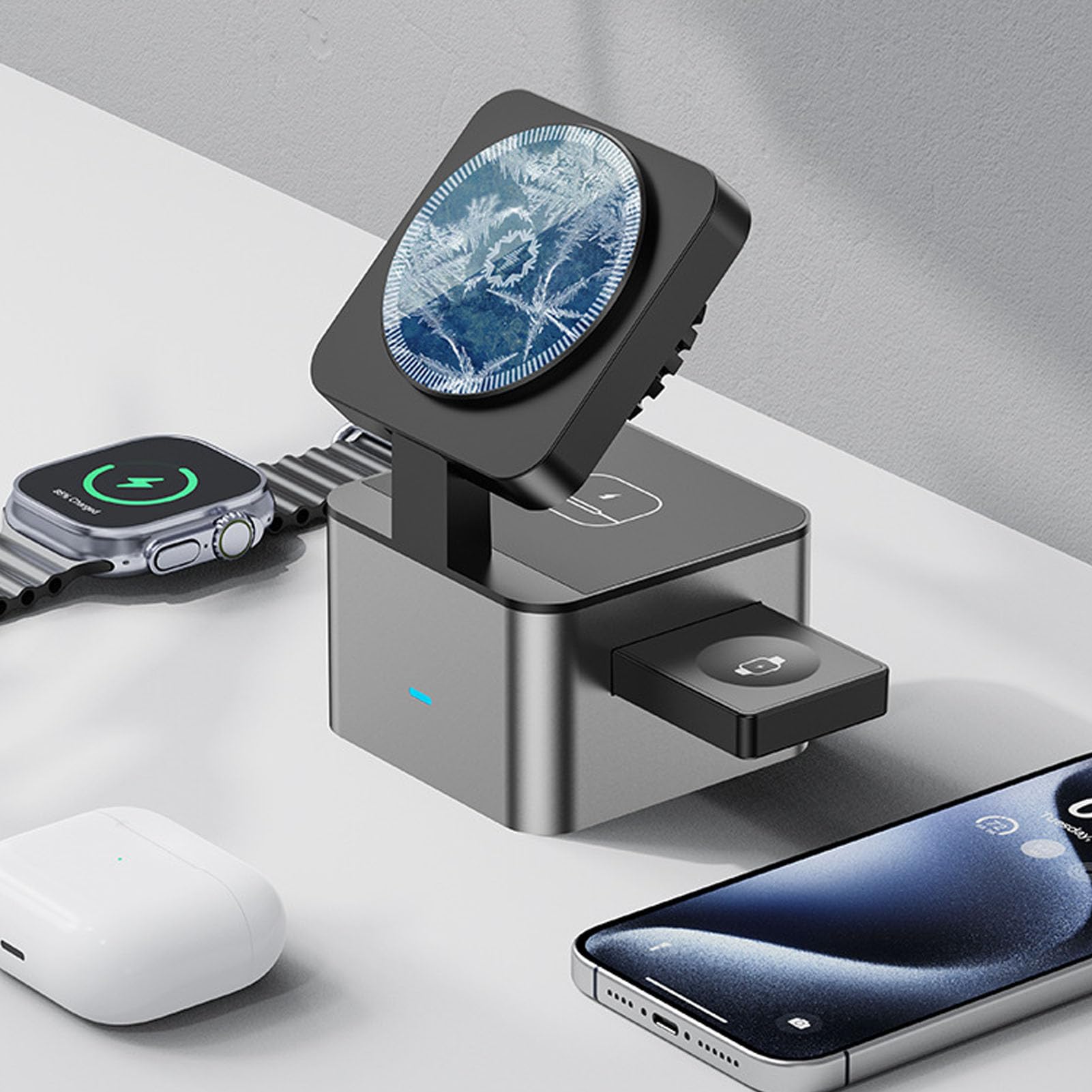 Sxhlseller Station de Recharge sans Fil Magnétique 3 en 1, Support de Chargeur de Voyage à Chargeur Rapide 15W pour Les Montres D'écoute Téléphonique iOS