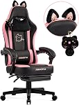 Chaise de jeu avec repose-pieds, confortable Girly Chaises de jeu vidéo avec Cat Ears Pocket Coussin Massage Lombaire Support & Appuie-tête, Accessoires de sonnerie Chaise en cuir mignon Ergonomic Computer, Noir/Pink