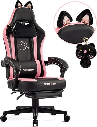 Miniatura 9 de Silla de juegos con reposapiés, sillas cómodas y femeninas para videojuegos con orejeras de gato, cojín de muelles de bolsillo, soporte lumbar de