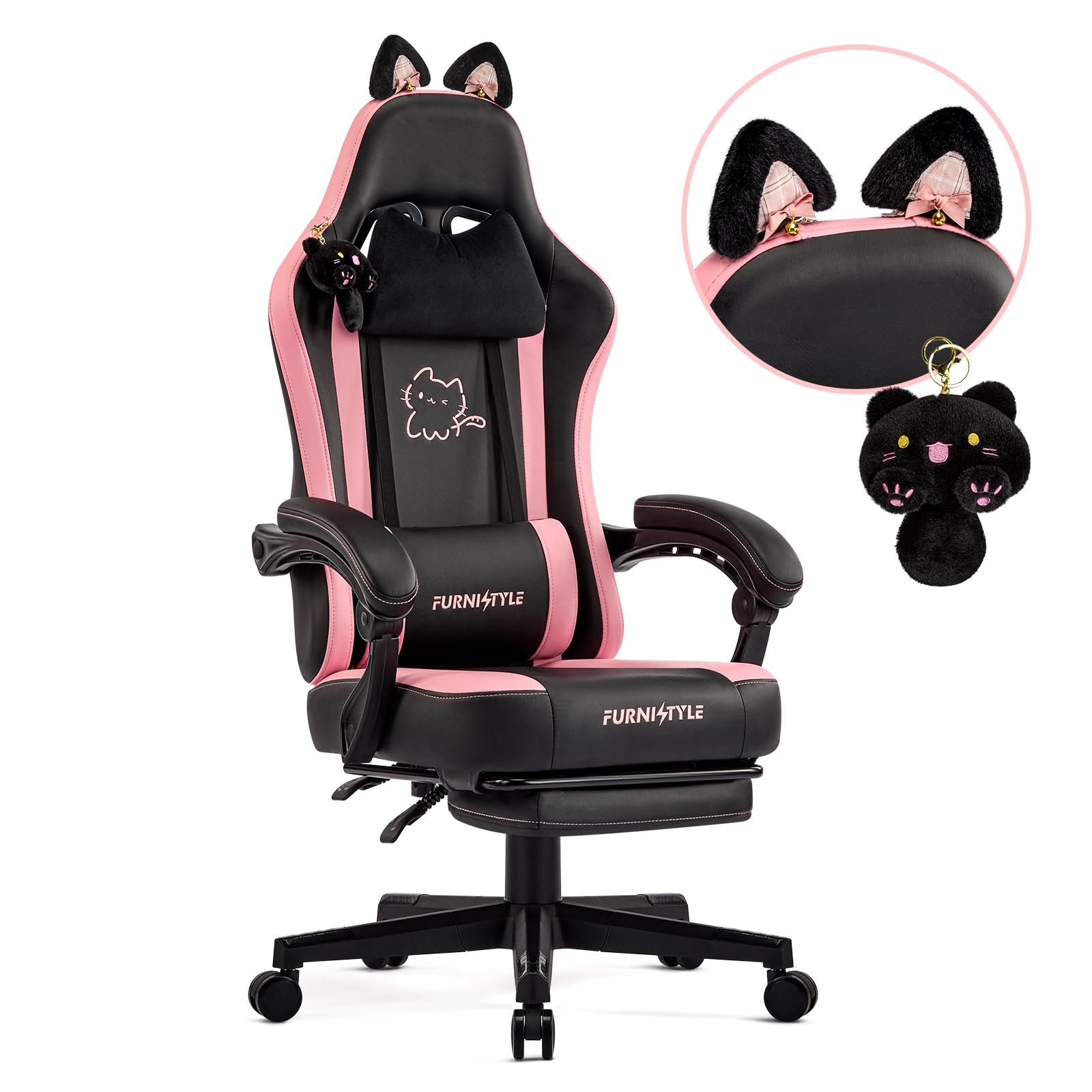 Hellove Chaise Gaming Ergonomique, Fauteuil Gamer avec Repose-Pieds Rétractable, Coussin Lombaire et Oreilles de Chat, pour Filles, Adolescents, Enfants, Cuir PU, Noir et Rose