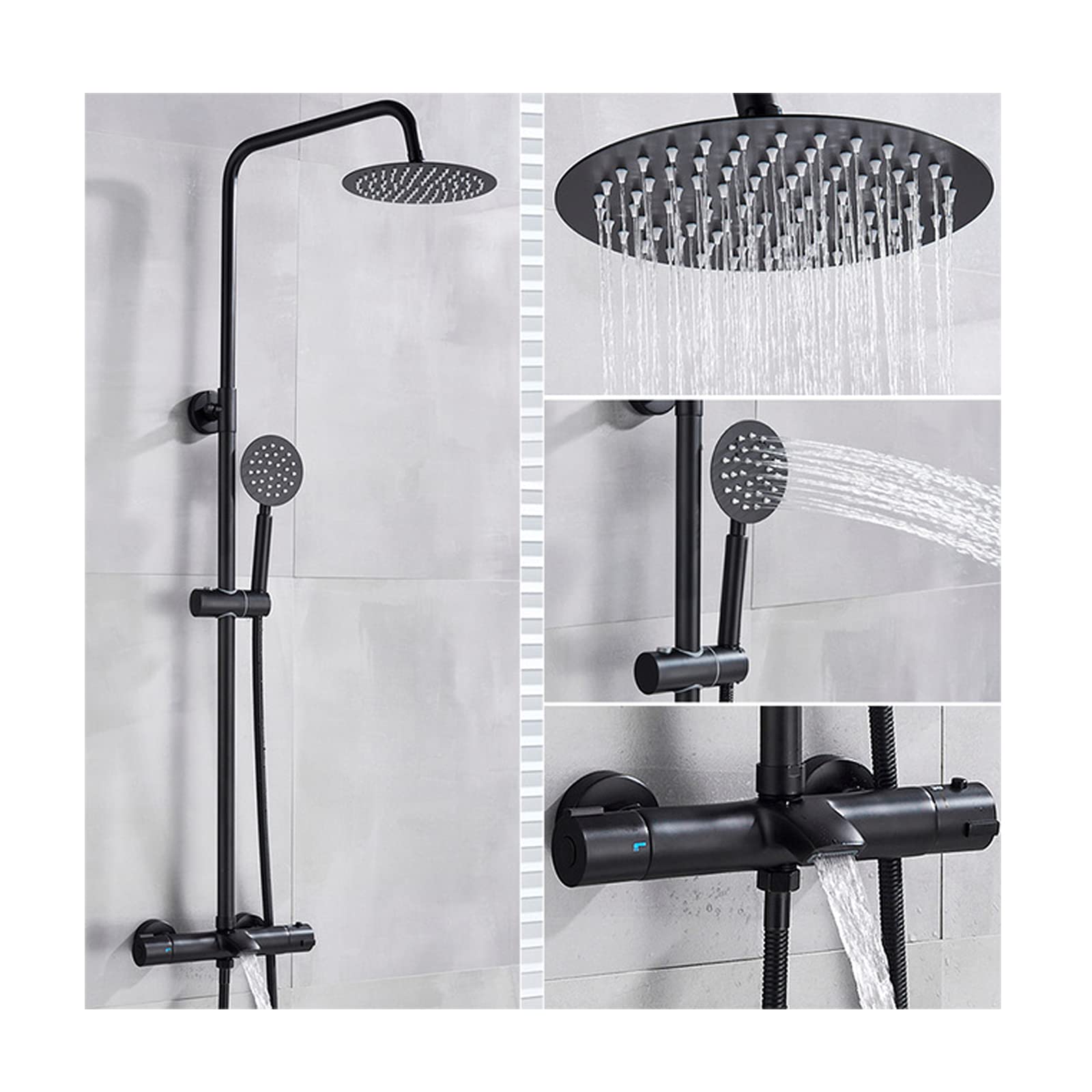 Ensemble de douche thermostatique en laiton noir mural 3 fonctions