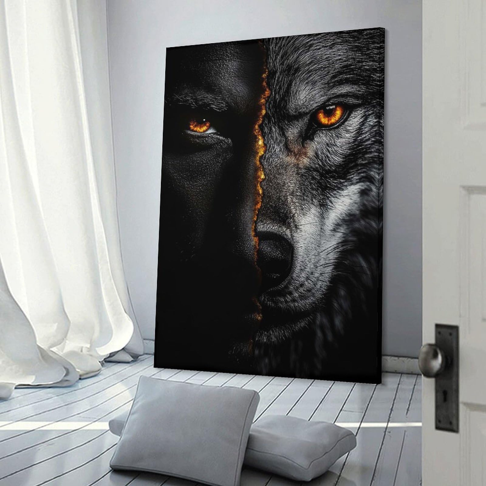 Junmoney Half Wolf Half Human Canvas Art Print 24x36inch(60x90cm), for Calm Bedrooms, Home Corners Or Flats, An Easy Wall Refresh for Bedrooms