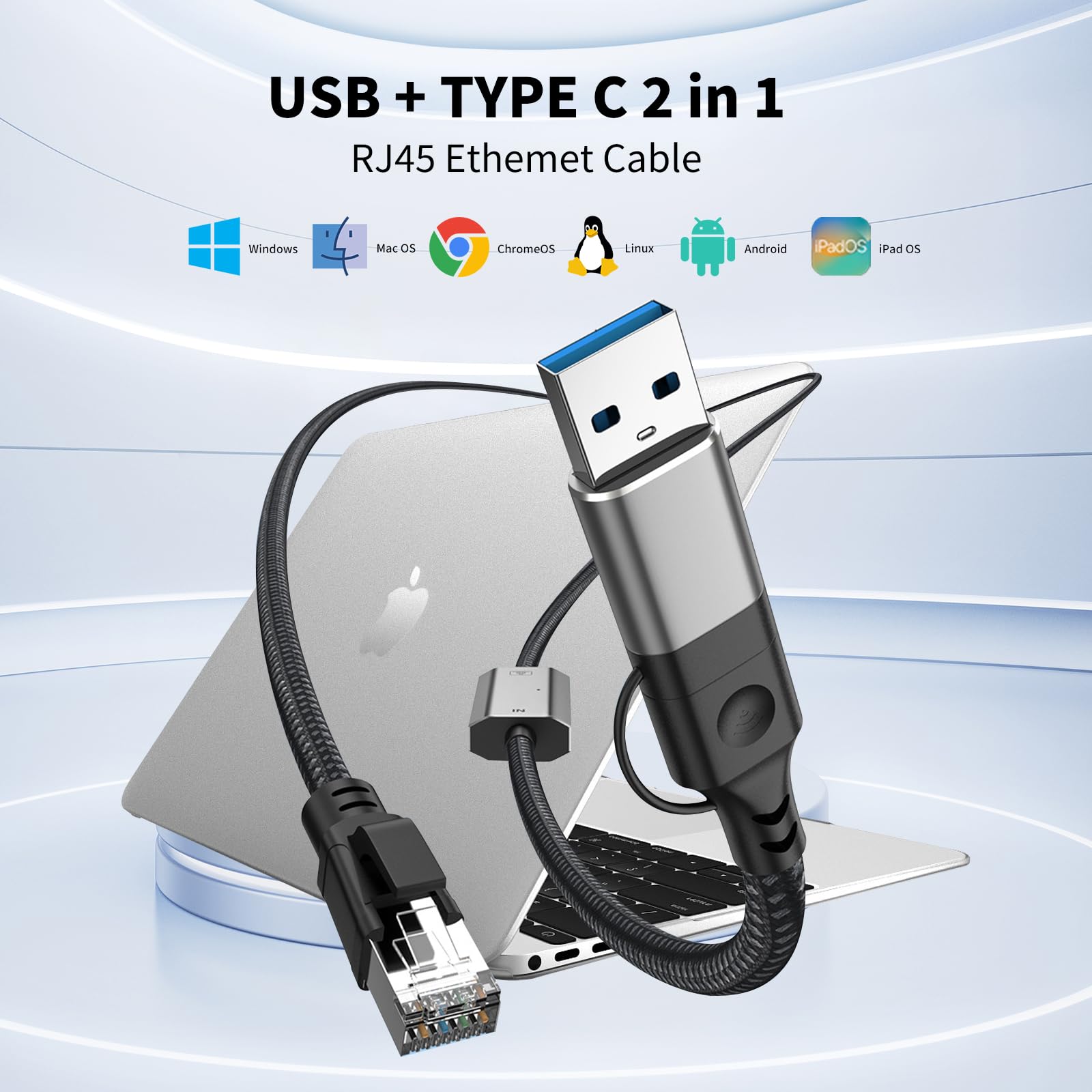 Adaptador 2 en 1 USB-C/USB 3.0 a Ethernet de 4 pies, cable de red LAN Gigabit tipo C a RJ45, 1000 Mbps conectado directamente, cable Ethernet tipo C compatible con MacBook Pro, iPad Pro