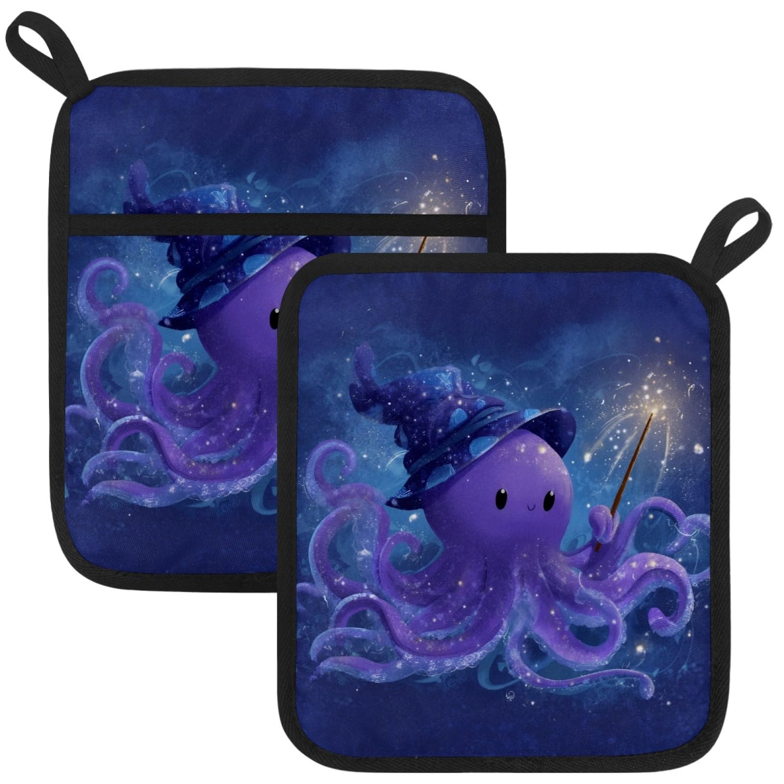 VAPOKF Ocean Octopus Heat Resistant Pot Holders, Thick Pot Holders Pad with Hanging Loop for Kitchen, Oven Cloth Pads for Kitchen Baking Microwave Oven