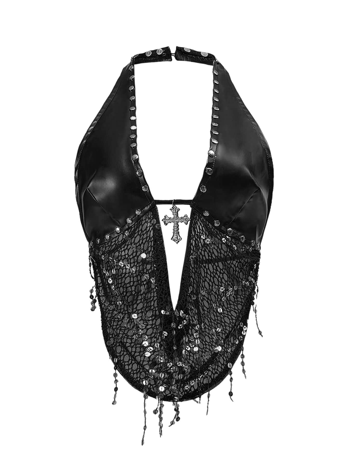 SOLY HUX Women's Y2k Rave Outfits PU Leather Sparkly Halter Crop Top Gothic Grunge, Deep V Neck, Vest, Rock, Concert Outfits, Sequin, Backless, Streetwear