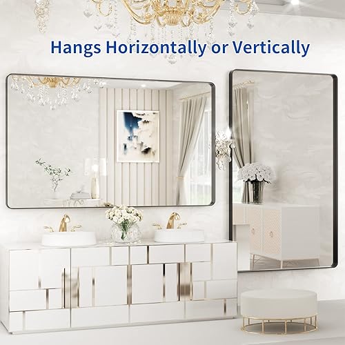 Miniatura 5 de WEER Espejo con marco de metal negro, espejo rectangular de pared negro mate de 60 x 36 pulgadas para baño, esquina redondeada, espejo de tocador de