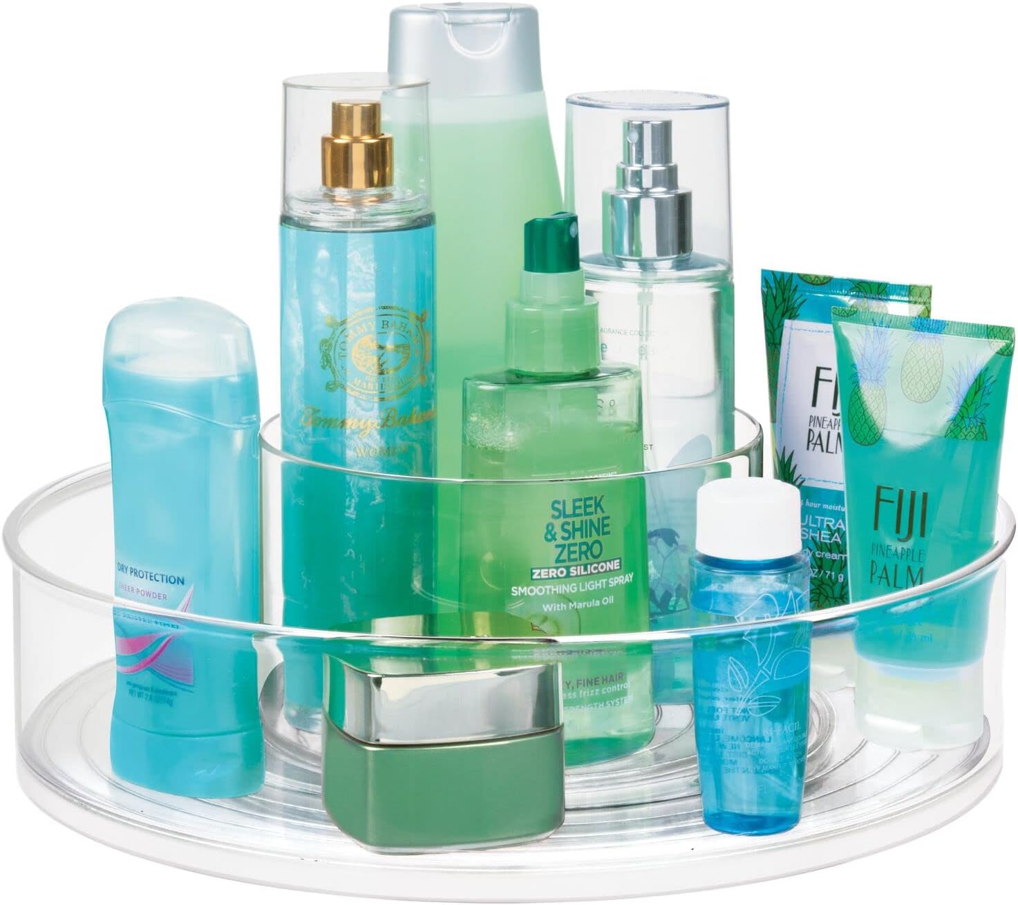 صينية تخزين دوارة بلاستيكية لازي سوزان من إم ديزاين؛ منظم دائري 360 درجة للمكياج وتنظيم مستحضرات التجميل ؛ حامل لطلاء الأظافر والعطور وأدوات التجميل – شفافة