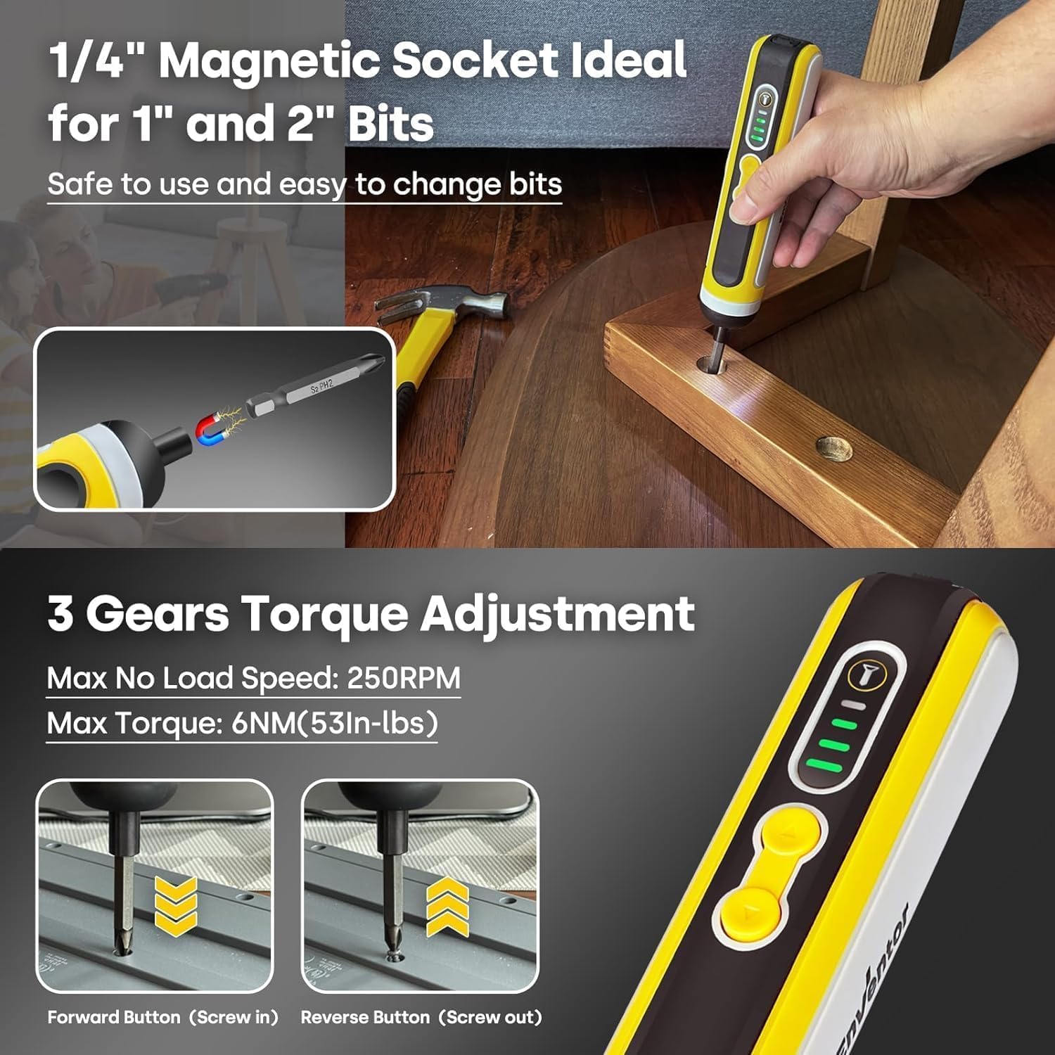 Enventor Cordless Screwdriver Set, 4V 6N.m Electric Screwdriver 2000mAh with USB Type-C Rechargeable, 3 Torque Settings, LED Work Light, Magnetic Bits Set, Bit extension Holder, Flexible shaft