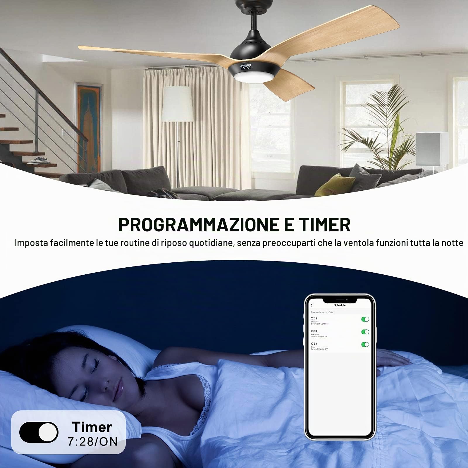 reiga 132CM Ventilatore da Soffitto con Motore CC Luce LED Dimmerabile | 3 Pale Dipinte a Mano, Timer, Funziona con Alexa WIFI Smart APP e Telecomando