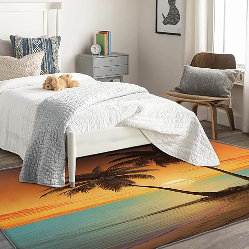 Miniatura 2 de Palm Tree Rug 2x3 ft, Tropical Area Rug, Sunset Rugs for Entryway Living Room Bedroom, Seascape Carpet, Kids Room Decor for Boys Girls, Washable Non