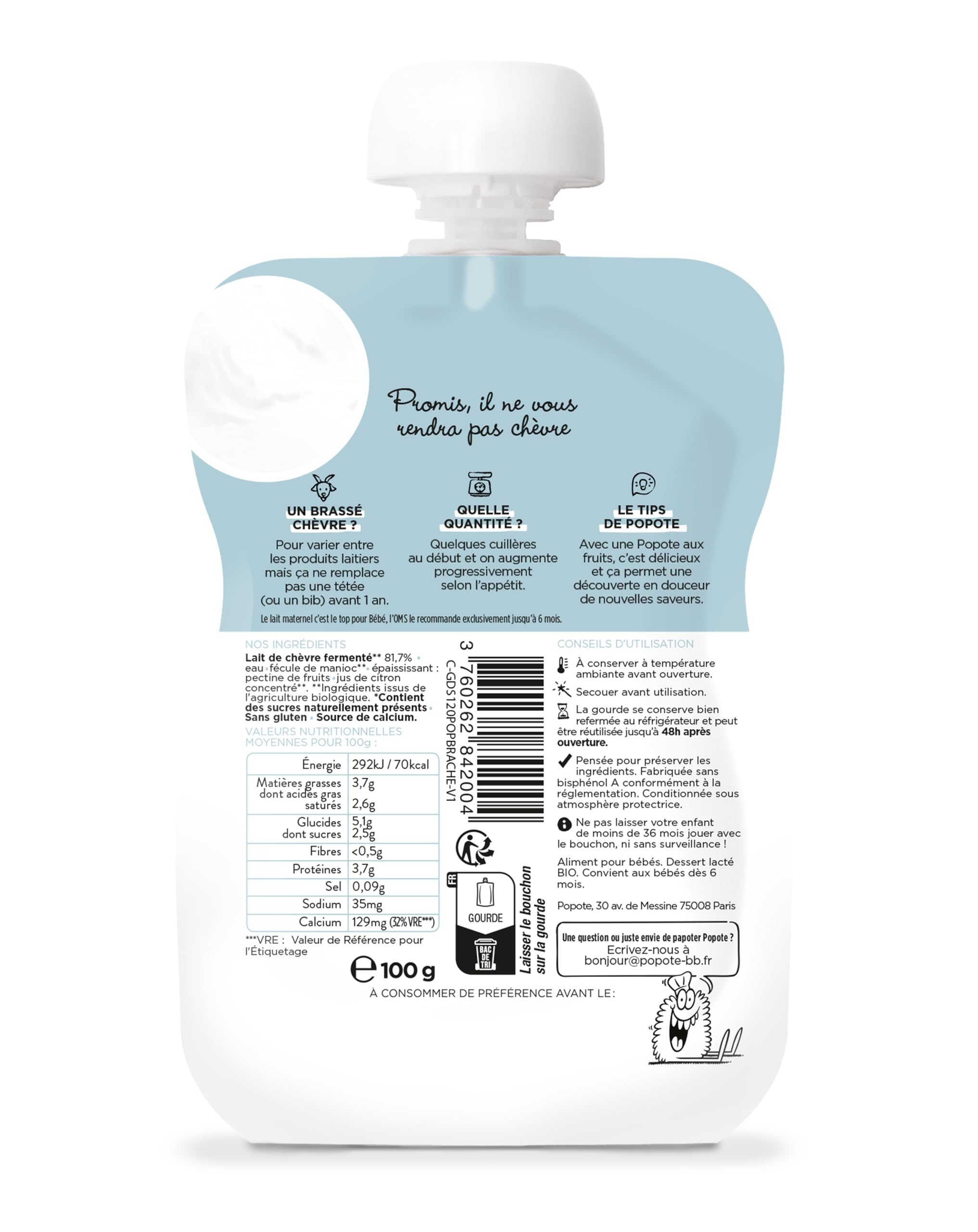 POPOTE - Brassé Chèvre Bio Bébé 100 g - Dès 6 Mois - Gourde Individuelle - Yaourt à Boire Texture Onctueuse - Source En Calcium, Sans Sucre ajoutés - Format Pratique à Emporter - Pack Familial 10x100g