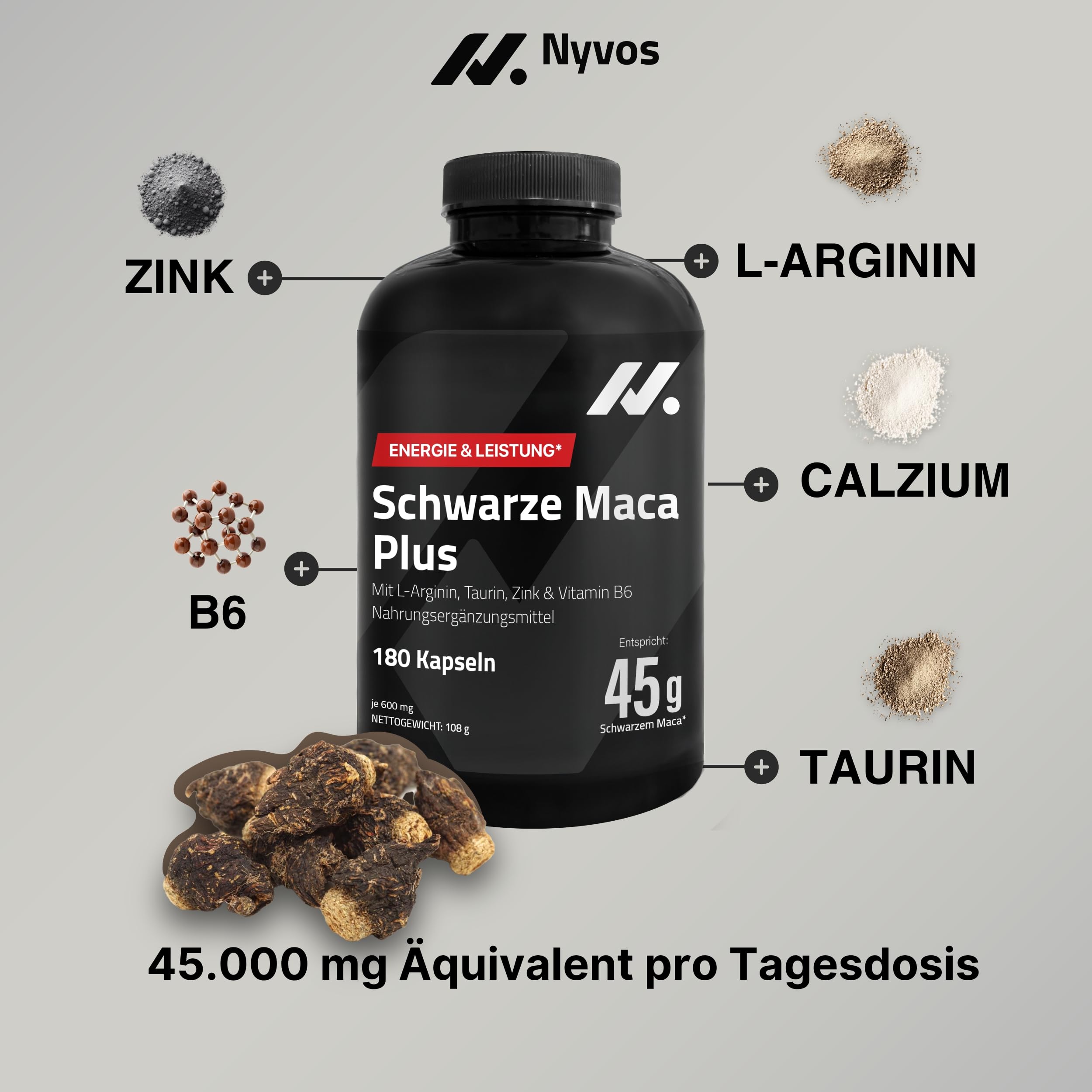 Maca Schwarz Hochdosiert – 45.000 mg Äquivalent (100:1 Extrakt) mit Zink, Calzium, Vitamin B6, L-Arginin & Taurin – 180 Vegane Maca Kapseln – Ohne Koffein, Gluten- & Laktosefrei
