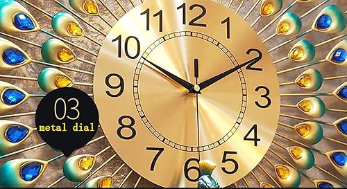 Miniatura 6 de Reloj de pared grande de pavo real con diamantes de cristal, esfera de arte moderno, reloj de pared silencioso de cristal 3D, aguja de metal,