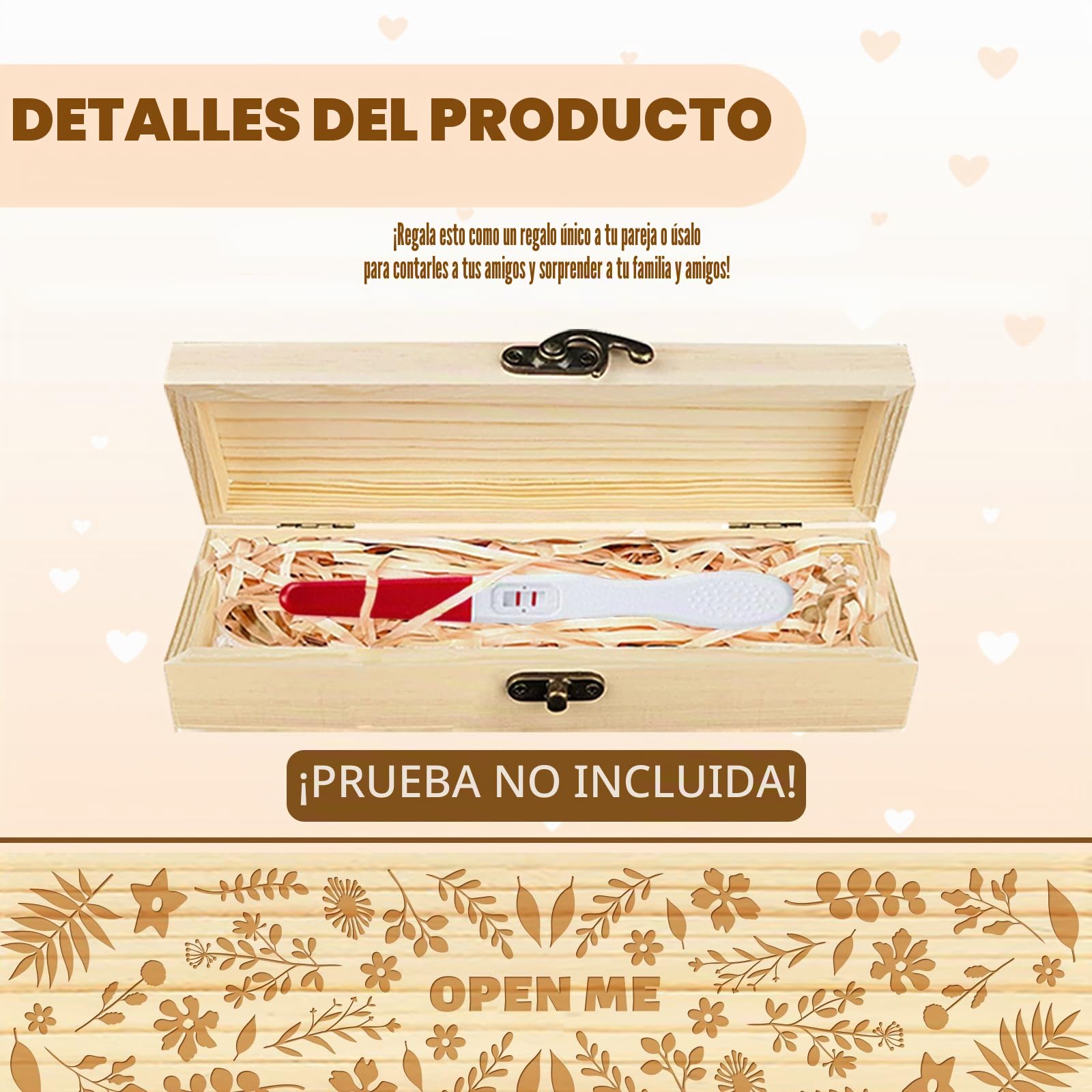CHGCRAFT Prueba de embarazo Keepsake Box Flores y hojas Caja de madera para regalos de anuncio de embarazo con cinta de rafia y regalos de anuncio de bloqueo para papá marido, 8x2x1.2 pulgadas
