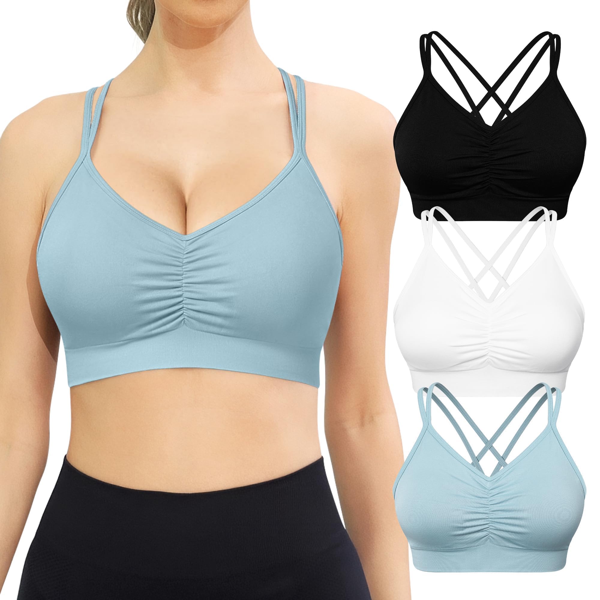 VEQKING Ruched Sports Bras for Women Large Bust, Seamless Padded Strappy Medium Support Yoga Bra, 3 Pack