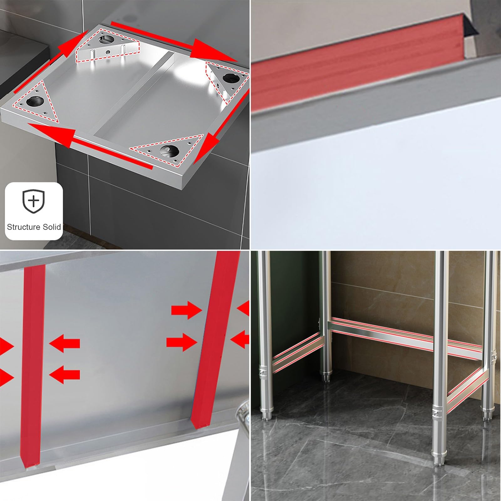 Banco da lavoro da cucina in acciaio inox, piano cottura a gas commerciale con ripiani aperti, struttura triangolare, resistente, robusto e stabile, ideale per ristoranti e preparazione di cibo